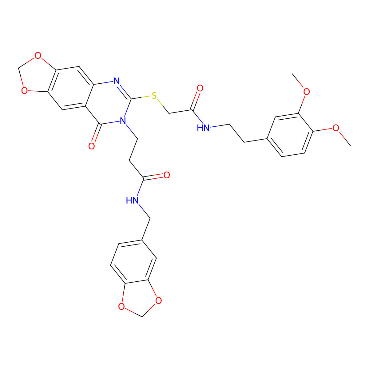 N-[(2H-1,3-benzodioxol-5-yl)methyl]-3-{6-[({[2-(3,4-dimethoxyphenyl)ethyl]carbamoyl}methyl)sulfanyl]-8-oxo-2H,7H,8H-[1,3]dioxolo[4,5-g]quinazolin-7-yl}propanamide molecular structure, CAS 688059-53-2