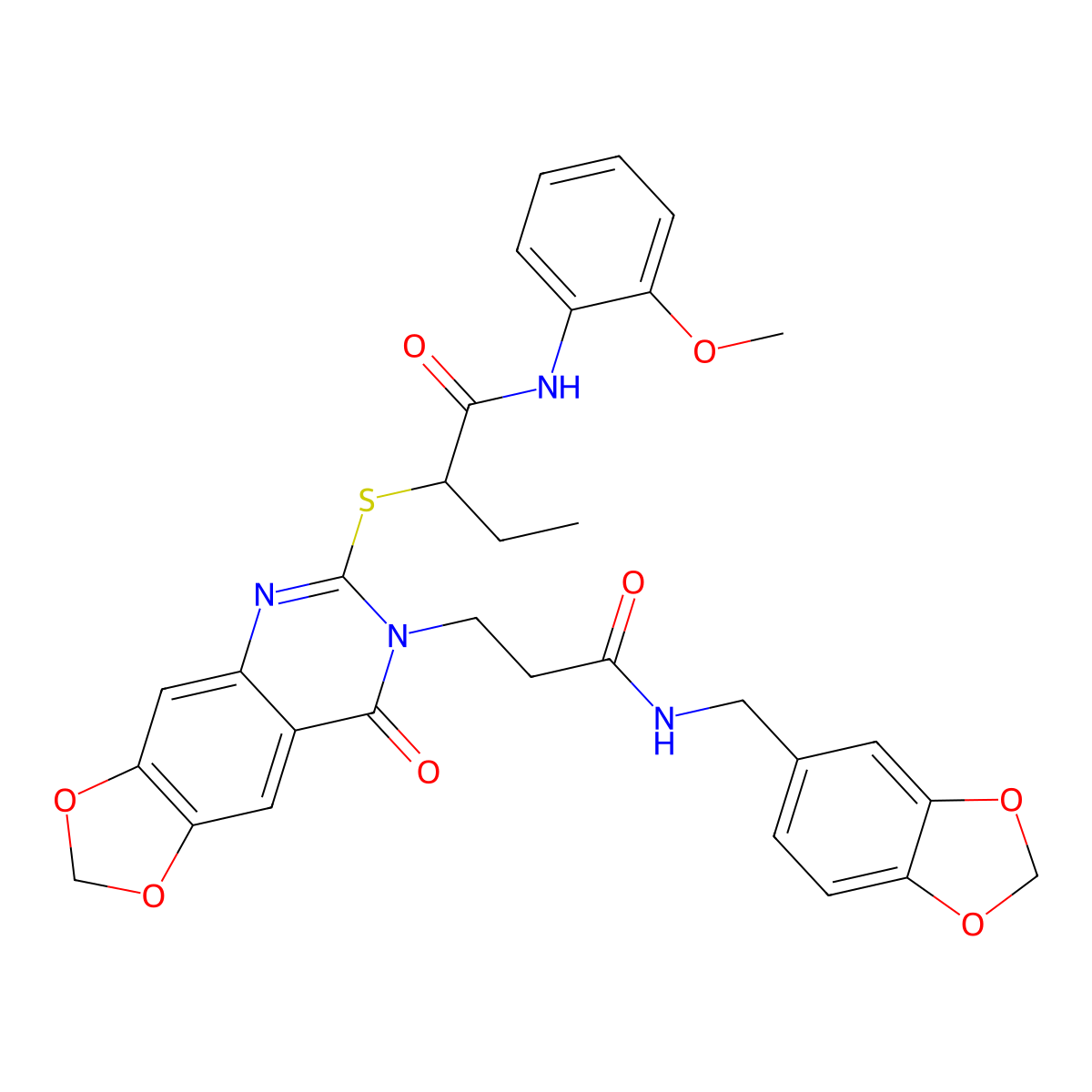 2-((7-(3-((benzo[d][1,3]dioxol-5-ylmethyl)amino)-3-oxopropyl)-8-oxo-7,8-dihydro-[1,3]dioxolo[4,5-g]quinazolin-6-yl)thio)-N-(2-methoxyphenyl)butanamide molecular structure, CAS 688059-55-4
