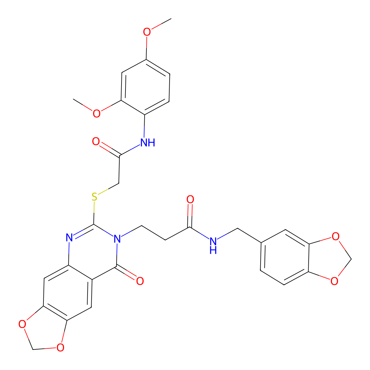 N-[(2H-1,3-benzodioxol-5-yl)methyl]-3-[6-({[(2,4-dimethoxyphenyl)carbamoyl]methyl}sulfanyl)-8-oxo-2H,7H,8H-[1,3]dioxolo[4,5-g]quinazolin-7-yl]propanamide molecular structure, CAS 688059-56-5
