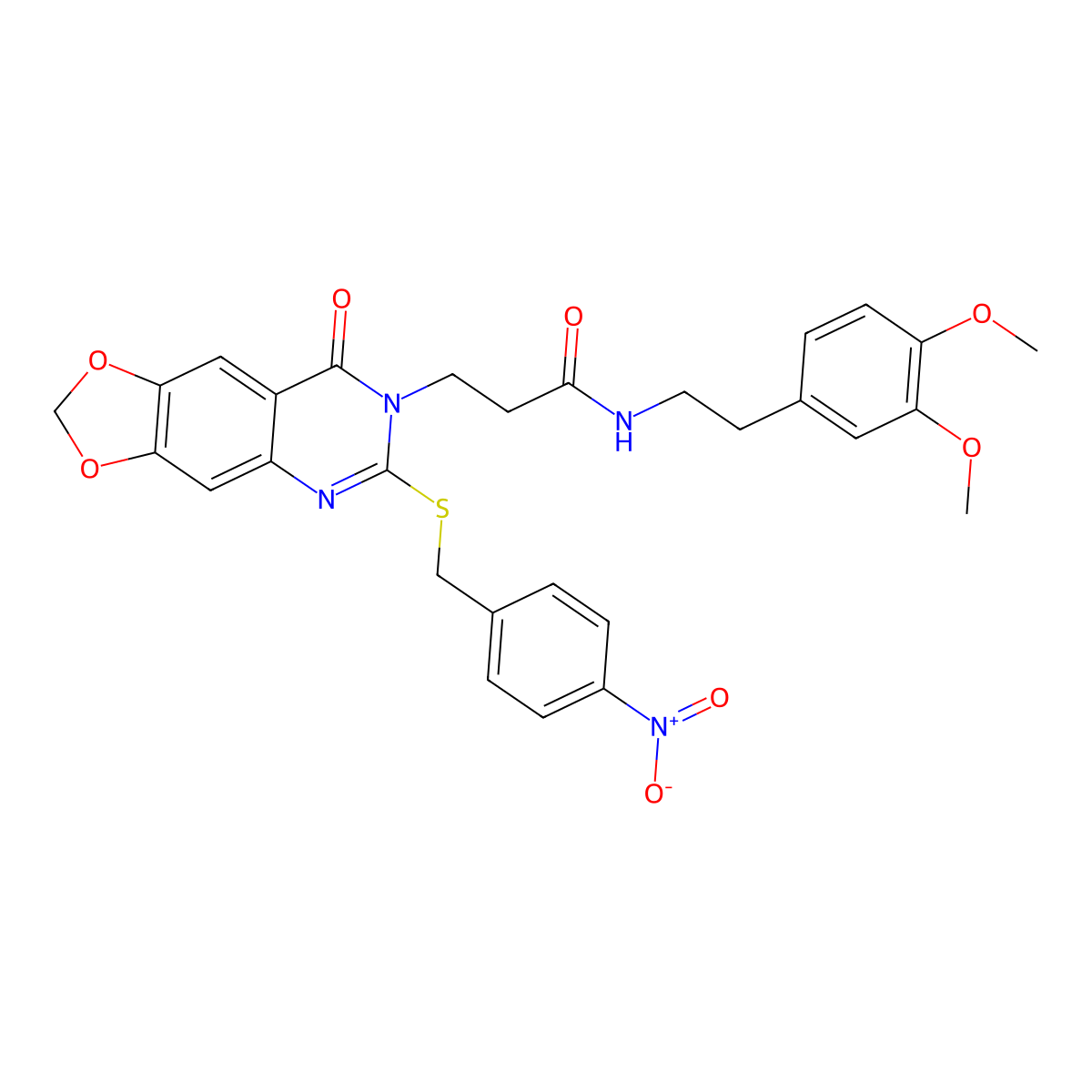 N-(3,4-dimethoxyphenethyl)-3-(6-((4-nitrobenzyl)thio)-8-oxo-[1,3]dioxolo[4,5-g]quinazolin-7(8H)-yl)propanamide molecular structure, CAS 688059-62-3