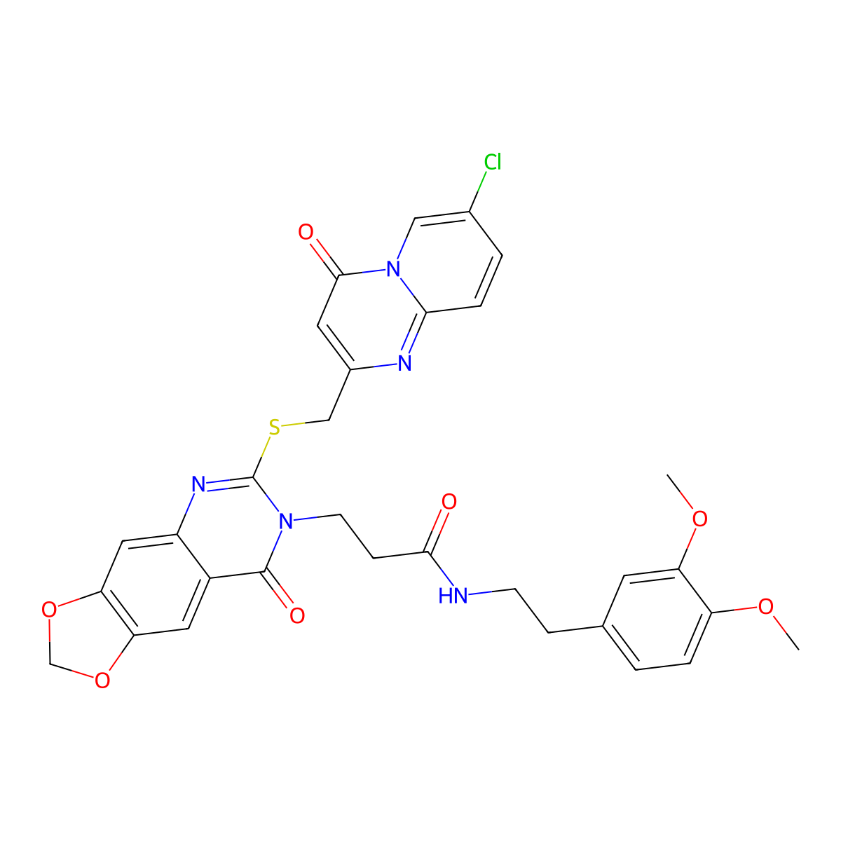 3-(6-(((7-chloro-4-oxo-4H-pyrido[1,2-a]pyrimidin-2-yl)methyl)thio)-8-oxo-[1,3]dioxolo[4,5-g]quinazolin-7(8H)-yl)-N-(3,4-dimethoxyphenethyl)propanamide molecular structure, CAS 688059-63-4
