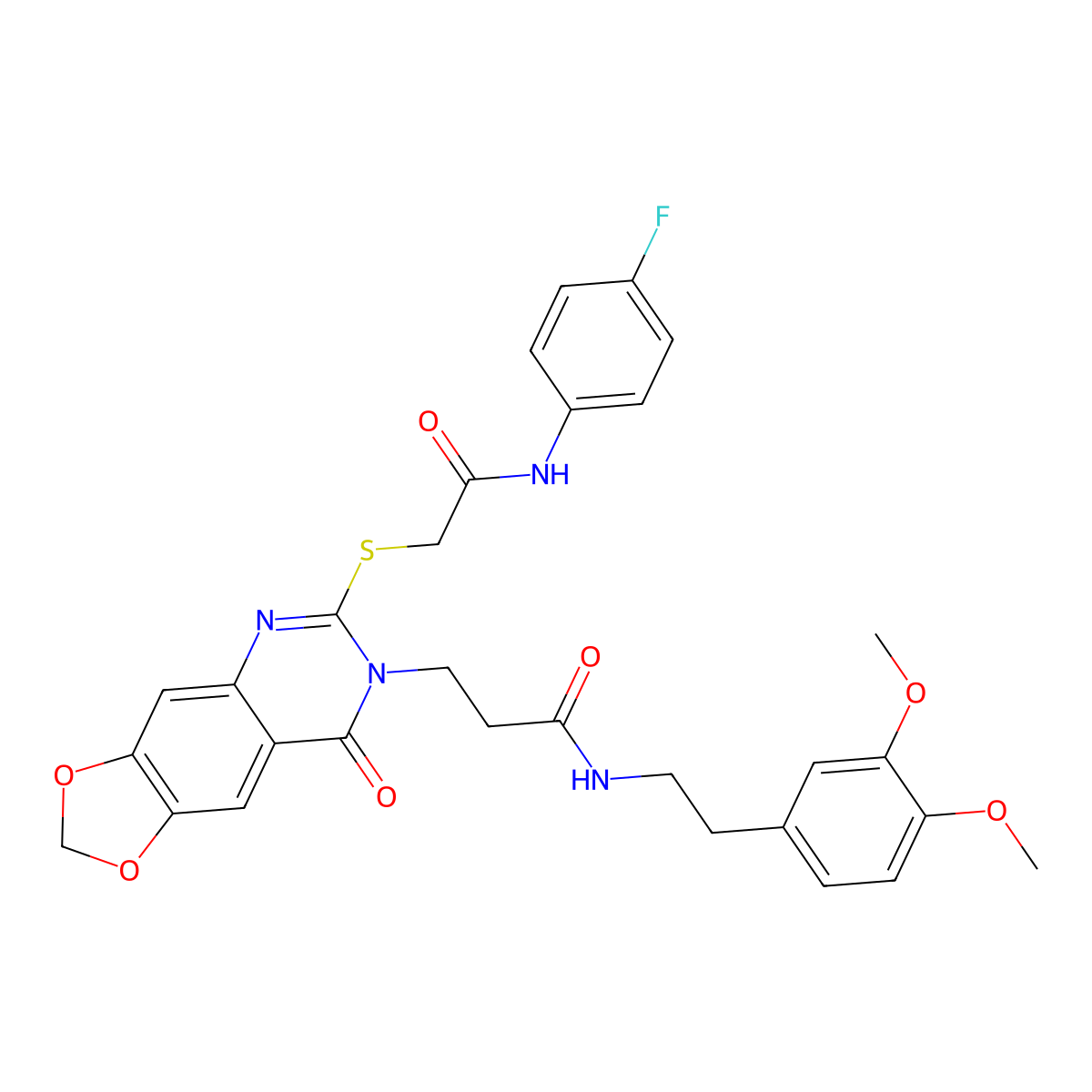 N-(3,4-dimethoxyphenethyl)-3-(6-((2-((4-fluorophenyl)amino)-2-oxoethyl)thio)-8-oxo-[1,3]dioxolo[4,5-g]quinazolin-7(8H)-yl)propanamide molecular structure, CAS 688059-76-9
