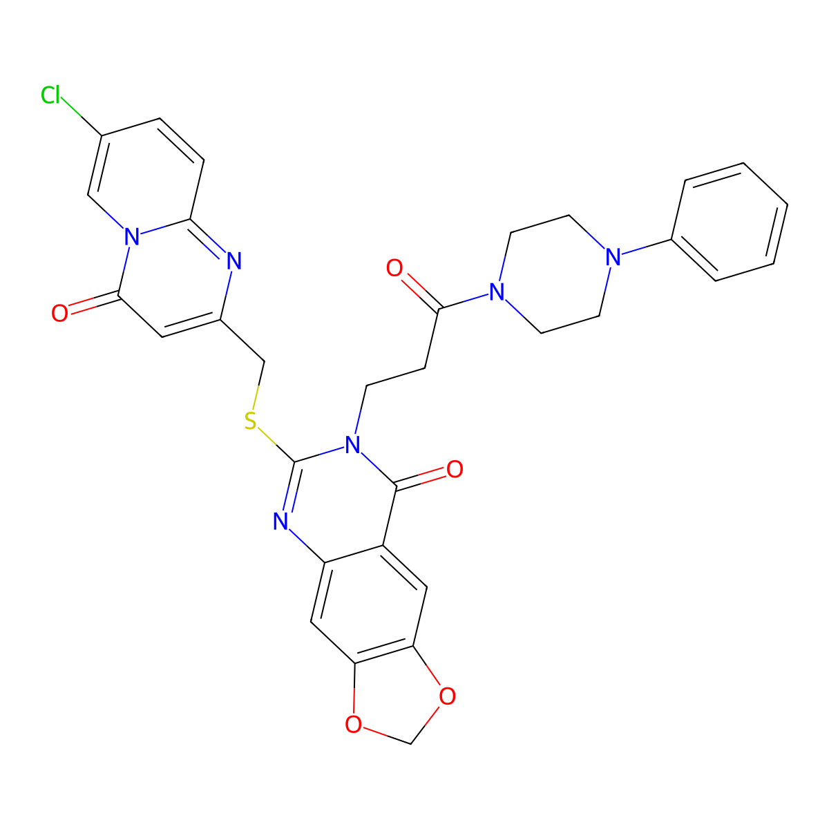 6-(((7-chloro-4-oxo-4H-pyrido[1,2-a]pyrimidin-2-yl)methyl)thio)-7-(3-oxo-3-(4-phenylpiperazin-1-yl)propyl)-[1,3]dioxolo[4,5-g]quinazolin-8(7H)-one molecular structure, CAS 688059-80-5