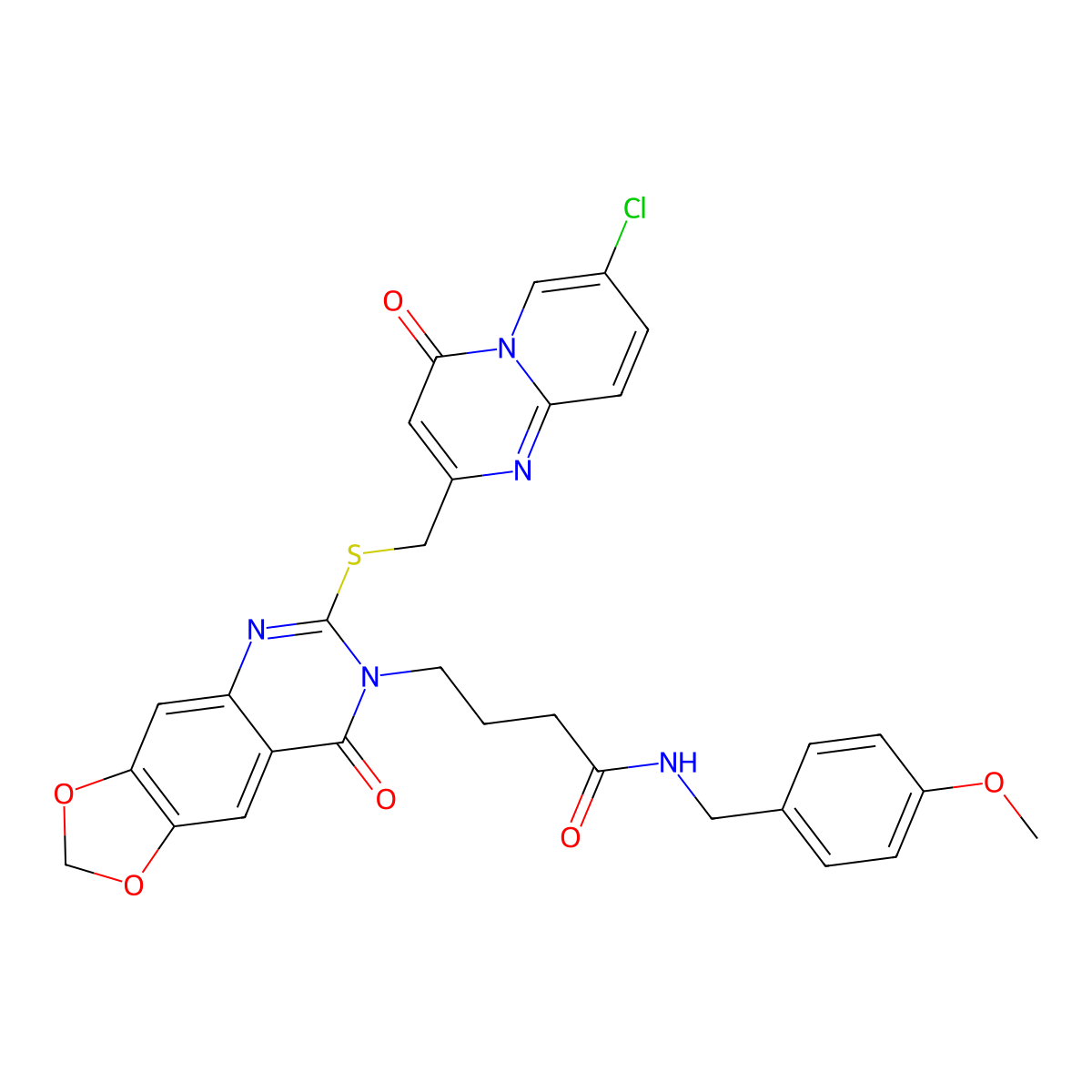 4-(6-(((7-chloro-4-oxo-4H-pyrido[1,2-a]pyrimidin-2-yl)methyl)thio)-8-oxo-[1,3]dioxolo[4,5-g]quinazolin-7(8H)-yl)-N-(4-methoxybenzyl)butanamide molecular structure, CAS 688059-99-6