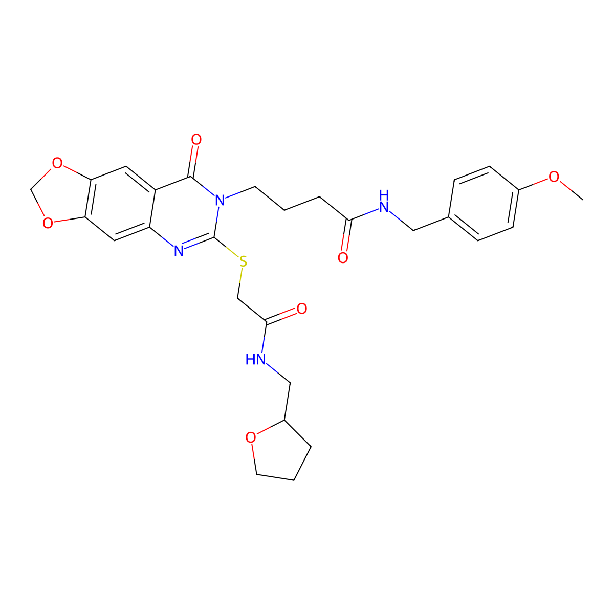 N-[(4-methoxyphenyl)methyl]-4-{8-oxo-6-[({[(oxolan-2-yl)methyl]carbamoyl}methyl)sulfanyl]-2H,7H,8H-[1,3]dioxolo[4,5-g]quinazolin-7-yl}butanamide molecular structure, CAS 688060-08-4