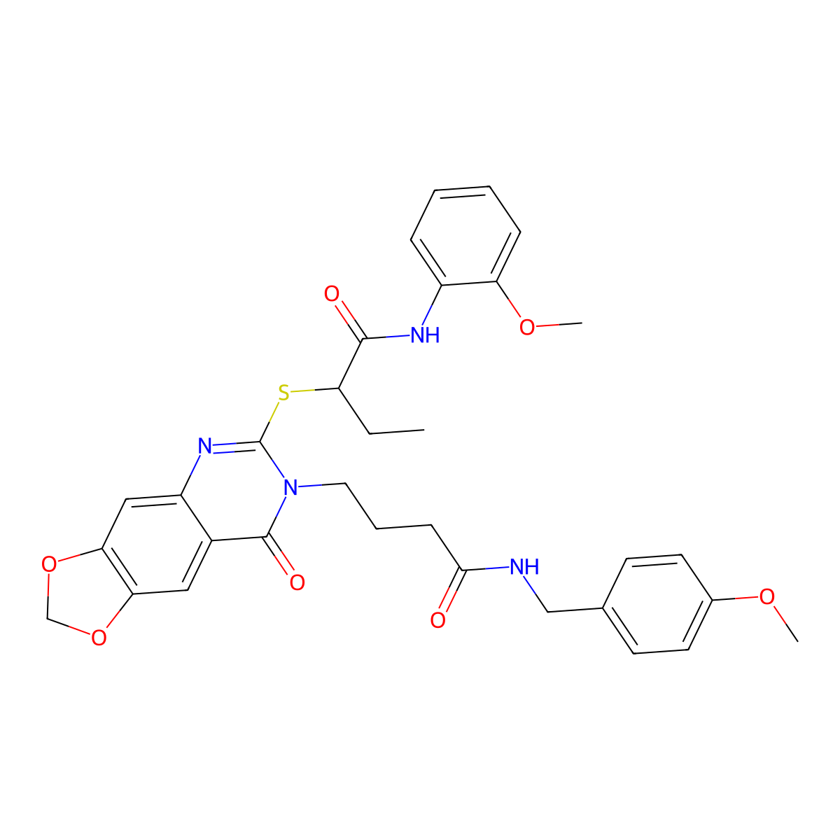 N-(2-methoxyphenyl)-2-{[7-(3-{[(4-methoxyphenyl)methyl]carbamoyl}propyl)-8-oxo-2H,7H,8H-[1,3]dioxolo[4,5-g]quinazolin-6-yl]sulfanyl}butanamide molecular structure, CAS 688060-17-5