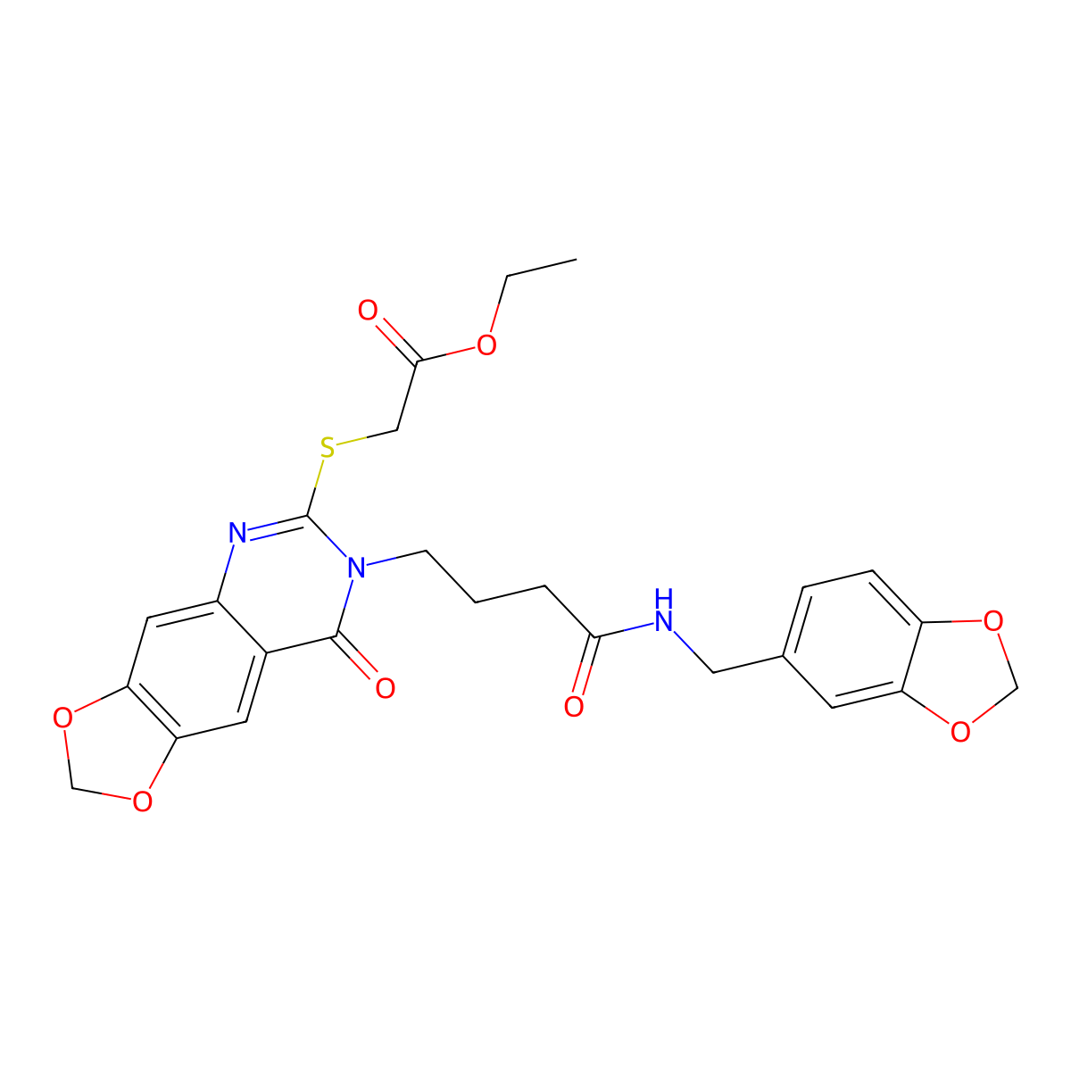 Ethyl 2-[[7-[4-(1,3-benzodioxol-5-ylmethylamino)-4-oxobutyl]-8-oxo-[1,3]dioxolo[4,5-g]quinazolin-6-yl]sulfanyl]acetate molecular structure, CAS 688060-20-0