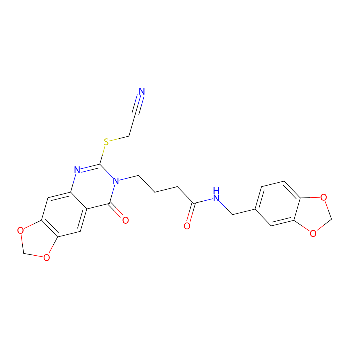 N-(1,3-benzodioxol-5-ylmethyl)-4-[6-(cyanomethylsulfanyl)-8-oxo-[1,3]dioxolo[4,5-g]quinazolin-7-yl]butanamide molecular structure, CAS 688060-22-2