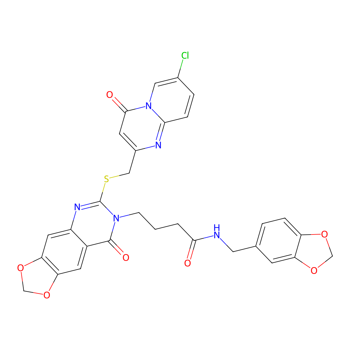 N-[(2H-1,3-benzodioxol-5-yl)methyl]-4-{6-[({7-chloro-4-oxo-4H-pyrido[1,2-a]pyrimidin-2-yl}methyl)sulfanyl]-8-oxo-2H,7H,8H-[1,3]dioxolo[4,5-g]quinazolin-7-yl}butanamide molecular structure, CAS 688060-23-3