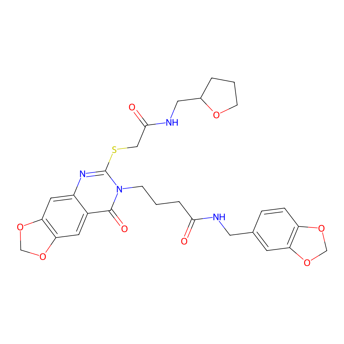N-[(2H-1,3-benzodioxol-5-yl)methyl]-4-{8-oxo-6-[({[(oxolan-2-yl)methyl]carbamoyl}methyl)sulfanyl]-2H,7H,8H-[1,3]dioxolo[4,5-g]quinazolin-7-yl}butanamide molecular structure, CAS 688060-26-6