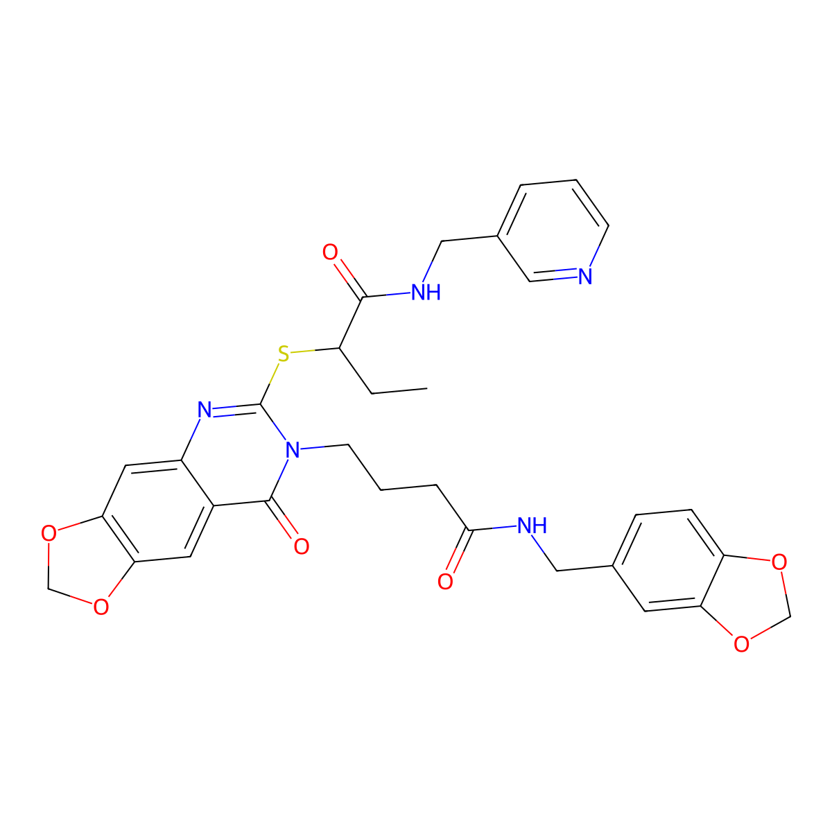2-[(7-{4-[(1,3-benzodioxol-5-ylmethyl)amino]-4-oxobutyl}-8-oxo-7,8-dihydro[1,3]dioxolo[4,5-g]quinazolin-6-yl)thio]-N-(pyridin-3-ylmethyl)butanamide molecular structure, CAS 688060-27-7