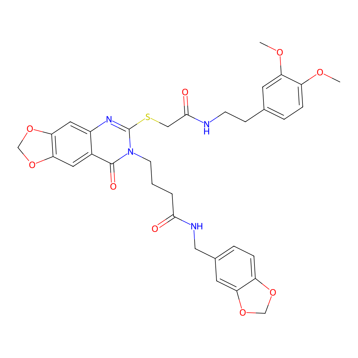 N-[(2H-1,3-benzodioxol-5-yl)methyl]-4-{6-[({[2-(3,4-dimethoxyphenyl)ethyl]carbamoyl}methyl)sulfanyl]-8-oxo-2H,7H,8H-[1,3]dioxolo[4,5-g]quinazolin-7-yl}butanamide molecular structure, CAS 688060-29-9