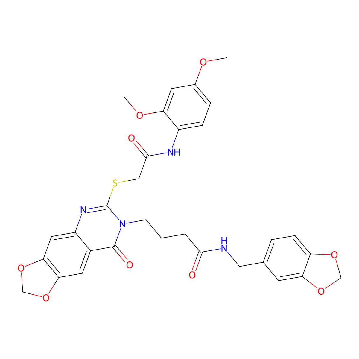N-[(2H-1,3-benzodioxol-5-yl)methyl]-4-[6-({[(2,4-dimethoxyphenyl)carbamoyl]methyl}sulfanyl)-8-oxo-2H,7H,8H-[1,3]dioxolo[4,5-g]quinazolin-7-yl]butanamide molecular structure, CAS 688060-36-8