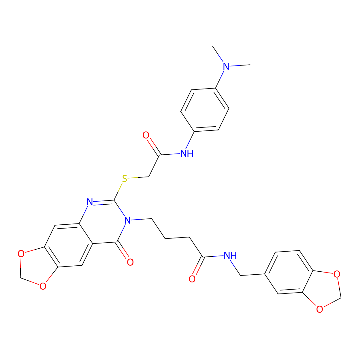 N-[(2H-1,3-benzodioxol-5-yl)methyl]-4-{6-[({[4-(dimethylamino)phenyl]carbamoyl}methyl)sulfanyl]-8-oxo-2H,7H,8H-[1,3]dioxolo[4,5-g]quinazolin-7-yl}butanamide molecular structure, CAS 688060-37-9