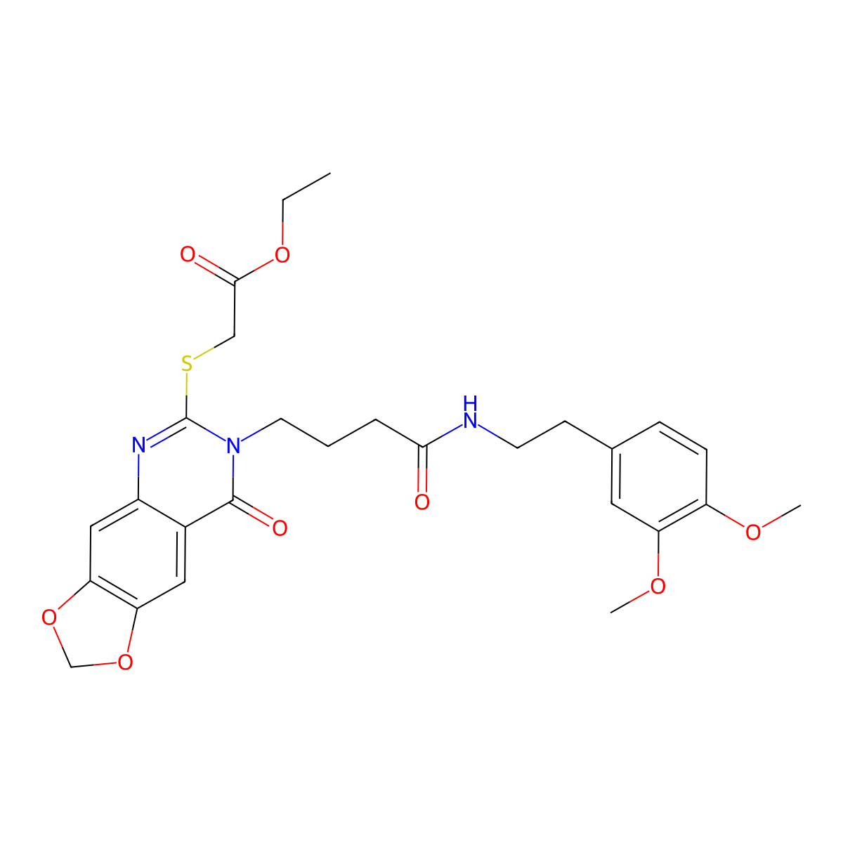 Ethyl 2-((7-(4-((3,4-dimethoxyphenethyl)amino)-4-oxobutyl)-8-oxo-7,8-dihydro-[1,3]dioxolo[4,5-g]quinazolin-6-yl)thio)acetate molecular structure, CAS 688060-38-0