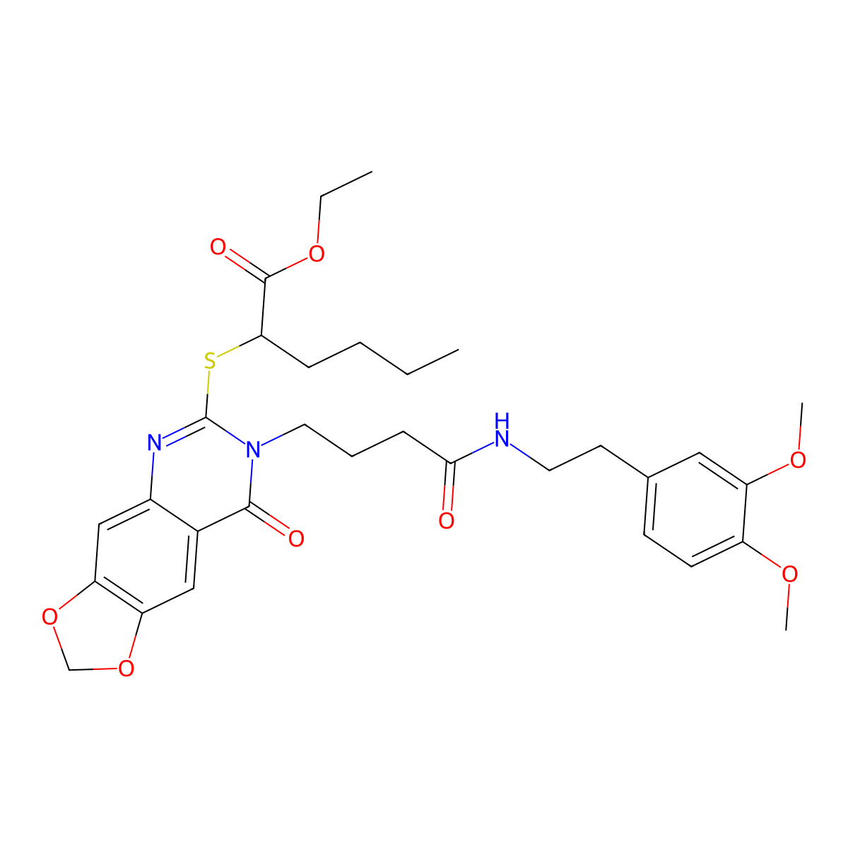 Ethyl 2-((7-(4-((3,4-dimethoxyphenethyl)amino)-4-oxobutyl)-8-oxo-7,8-dihydro-[1,3]dioxolo[4,5-g]quinazolin-6-yl)thio)hexanoate molecular structure, CAS 688060-39-1