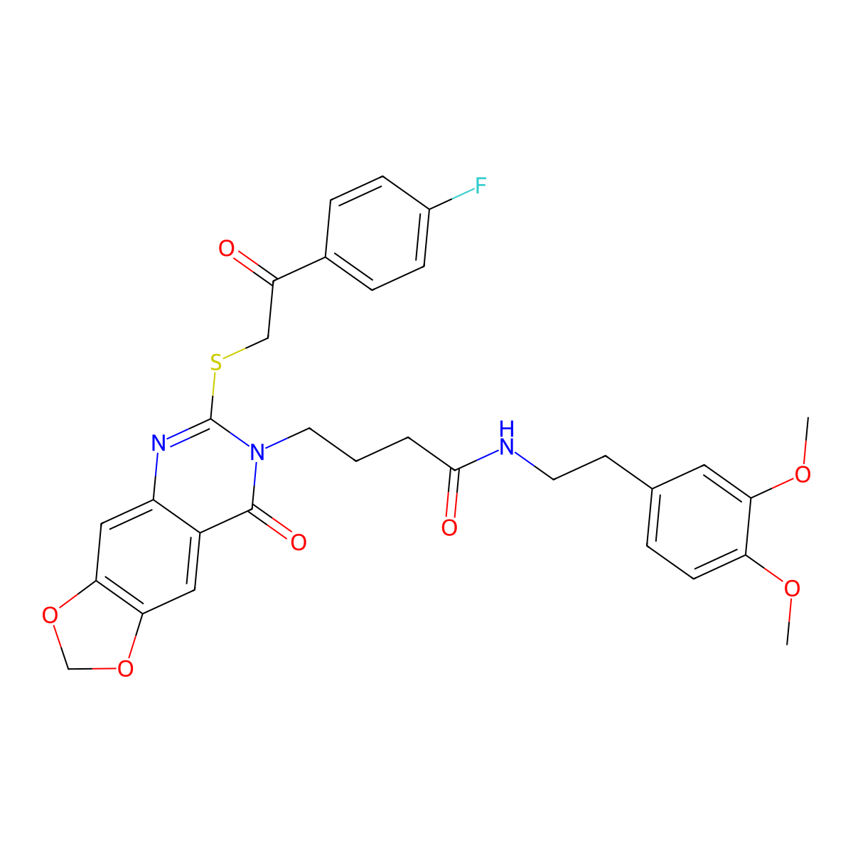 N-(3,4-dimethoxyphenethyl)-4-(6-((2-(4-fluorophenyl)-2-oxoethyl)thio)-8-oxo-[1,3]dioxolo[4,5-g]quinazolin-7(8H)-yl)butanamide molecular structure, CAS 688060-40-4