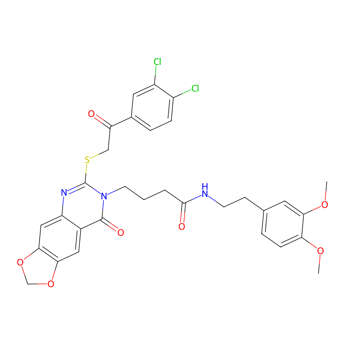 4-(6-((2-(3,4-dichlorophenyl)-2-oxoethyl)thio)-8-oxo-[1,3]dioxolo[4,5-g]quinazolin-7(8H)-yl)-N-(3,4-dimethoxyphenethyl)butanamide molecular structure, CAS 688060-43-7