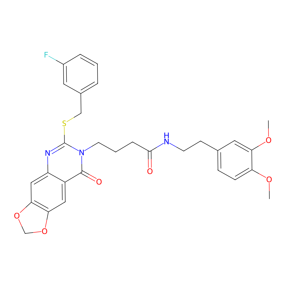 N-(3,4-dimethoxyphenethyl)-4-(6-((3-fluorobenzyl)thio)-8-oxo-[1,3]dioxolo[4,5-g]quinazolin-7(8H)-yl)butanamide molecular structure, CAS 688060-47-1