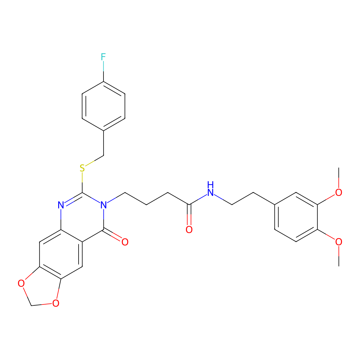 N-(3,4-dimethoxyphenethyl)-4-(6-((4-fluorobenzyl)thio)-8-oxo-[1,3]dioxolo[4,5-g]quinazolin-7(8H)-yl)butanamide molecular structure, CAS 688060-48-2
