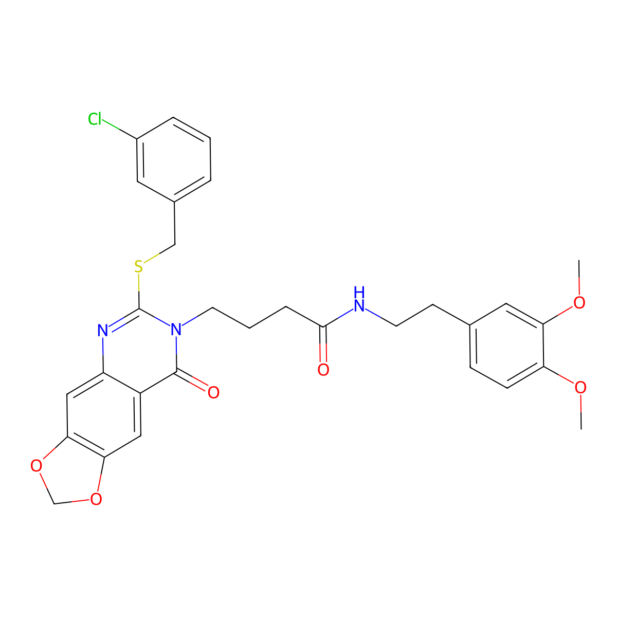 4-(6-((3-chlorobenzyl)thio)-8-oxo-[1,3]dioxolo[4,5-g]quinazolin-7(8H)-yl)-N-(3,4-dimethoxyphenethyl)butanamide molecular structure, CAS 688060-50-6