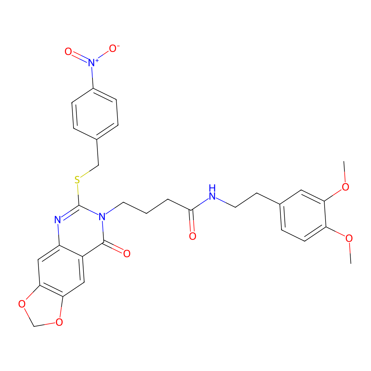 N-(3,4-dimethoxyphenethyl)-4-(6-((4-nitrobenzyl)thio)-8-oxo-[1,3]dioxolo[4,5-g]quinazolin-7(8H)-yl)butanamide molecular structure, CAS 688060-53-9