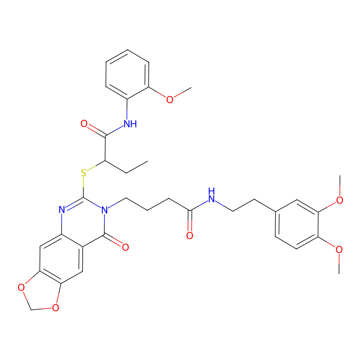 2-{[7-(3-{[2-(3,4-dimethoxyphenyl)ethyl]carbamoyl}propyl)-8-oxo-2H,7H,8H-[1,3]dioxolo[4,5-g]quinazolin-6-yl]sulfanyl}-N-(2-methoxyphenyl)butanamide molecular structure, CAS 688060-73-3
