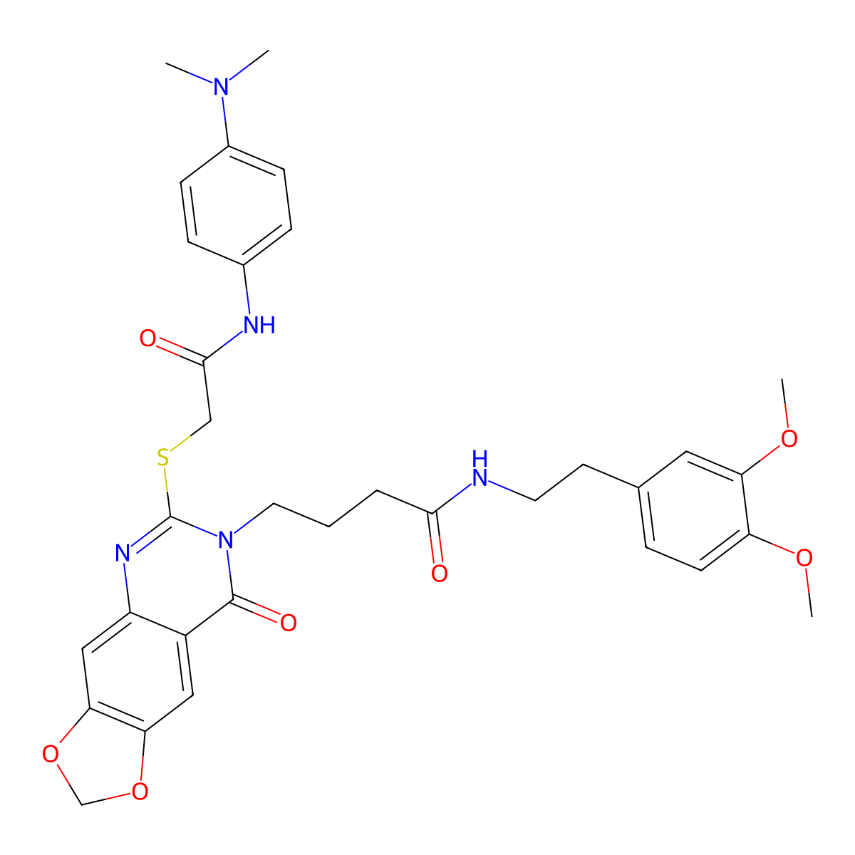 N-(3,4-dimethoxyphenethyl)-4-(6-((2-((4-(dimethylamino)phenyl)amino)-2-oxoethyl)thio)-8-oxo-[1,3]dioxolo[4,5-g]quinazolin-7(8H)-yl)butanamide molecular structure, CAS 688060-75-5