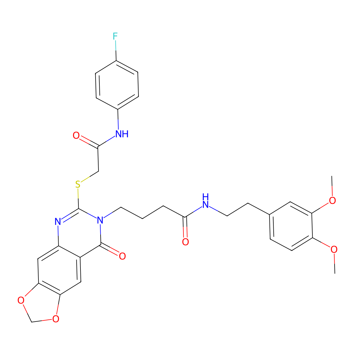 N-(3,4-dimethoxyphenethyl)-4-(6-((2-((4-fluorophenyl)amino)-2-oxoethyl)thio)-8-oxo-[1,3]dioxolo[4,5-g]quinazolin-7(8H)-yl)butanamide molecular structure, CAS 688060-76-6