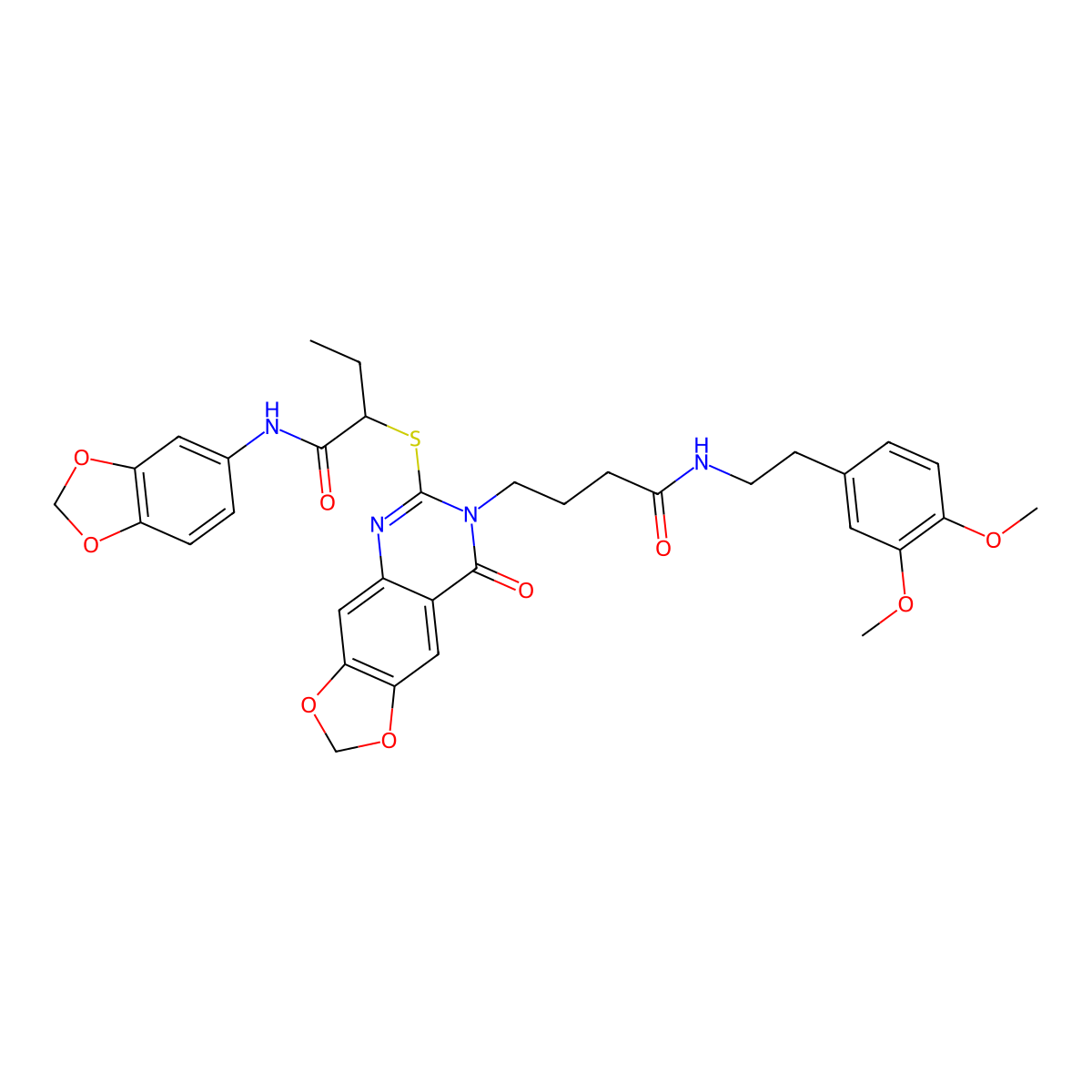 N-(benzo[d][1,3]dioxol-5-yl)-2-((7-(4-((3,4-dimethoxyphenethyl)amino)-4-oxobutyl)-8-oxo-7,8-dihydro-[1,3]dioxolo[4,5-g]quinazolin-6-yl)thio)butanamide molecular structure, CAS 688060-77-7