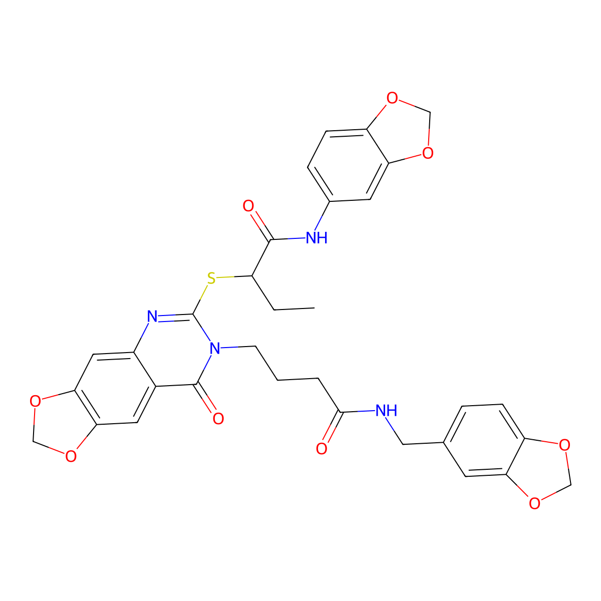 N-(2H-1,3-benzodioxol-5-yl)-2-{[7-(3-{[(2H-1,3-benzodioxol-5-yl)methyl]carbamoyl}propyl)-8-oxo-2H,7H,8H-[1,3]dioxolo[4,5-g]quinazolin-6-yl]sulfanyl}butanamide molecular structure, CAS 688060-78-8