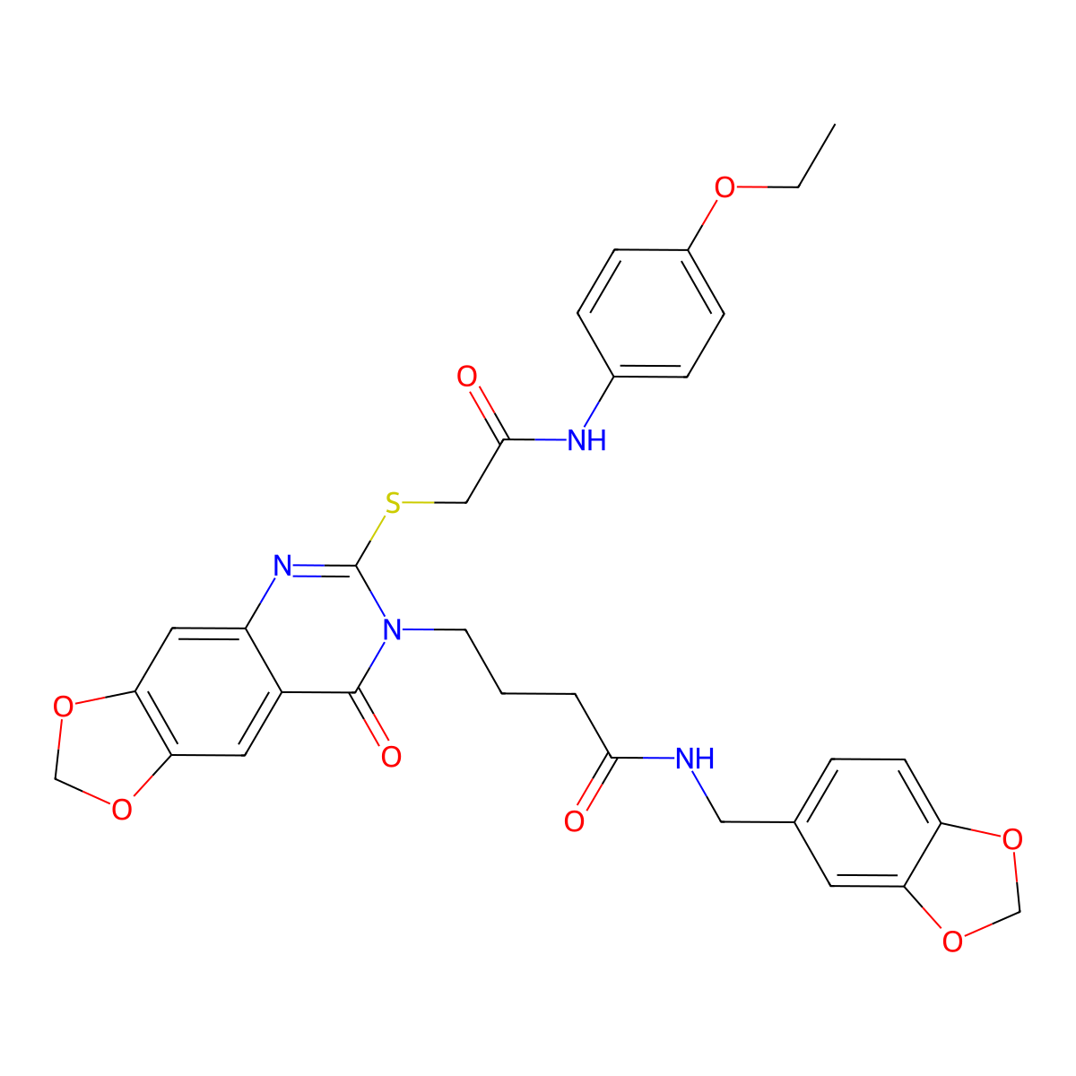 N-[(2H-1,3-benzodioxol-5-yl)methyl]-4-[6-({[(4-ethoxyphenyl)carbamoyl]methyl}sulfanyl)-8-oxo-2H,7H,8H-[1,3]dioxolo[4,5-g]quinazolin-7-yl]butanamide molecular structure, CAS 688060-79-9