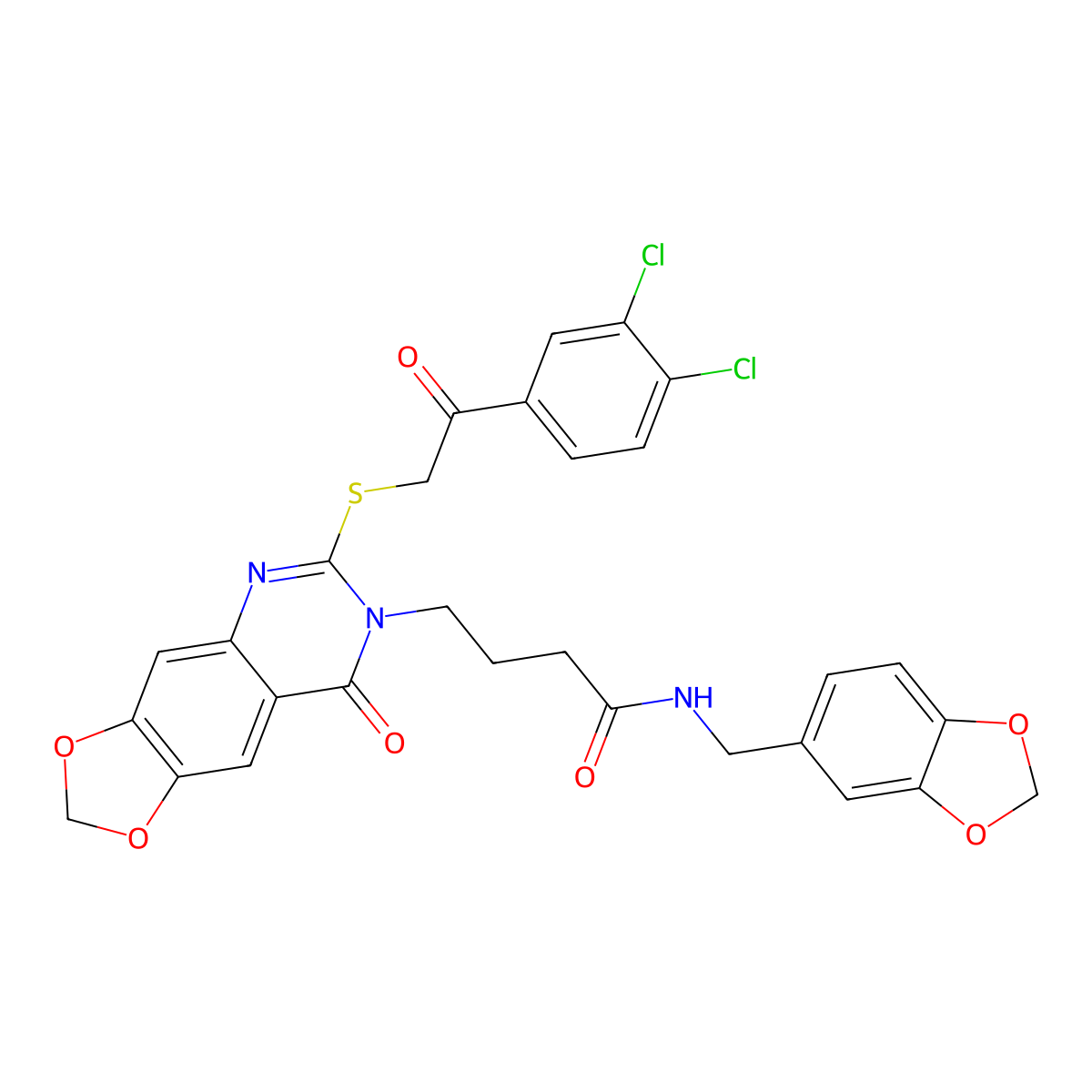 N-[(2H-1,3-benzodioxol-5-yl)methyl]-4-(6-{[2-(3,4-dichlorophenyl)-2-oxoethyl]sulfanyl}-8-oxo-2H,7H,8H-[1,3]dioxolo[4,5-g]quinazolin-7-yl)butanamide molecular structure, CAS 688060-81-3