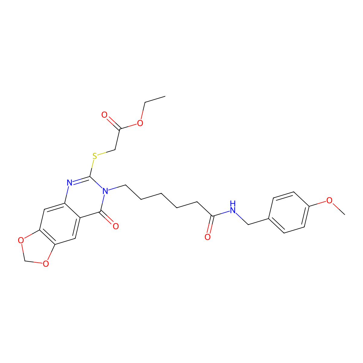 Ethyl 2-[[7-[6-[(4-methoxyphenyl)methylamino]-6-oxohexyl]-8-oxo-[1,3]dioxolo[4,5-g]quinazolin-6-yl]sulfanyl]acetate molecular structure, CAS 688060-82-4