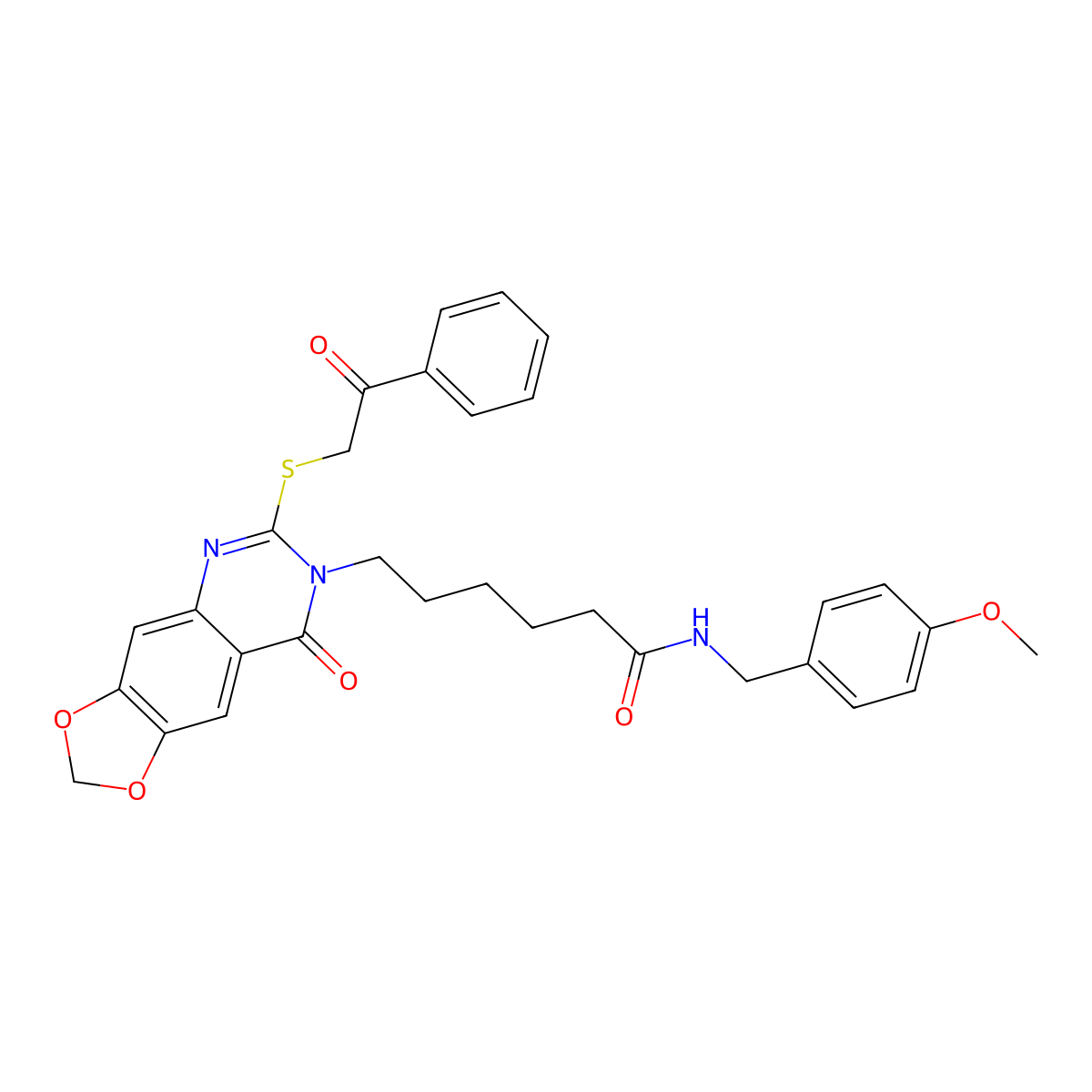 N-(4-methoxybenzyl)-6-(8-oxo-6-((2-oxo-2-phenylethyl)thio)-[1,3]dioxolo[4,5-g]quinazolin-7(8H)-yl)hexanamide molecular structure, CAS 688060-83-5