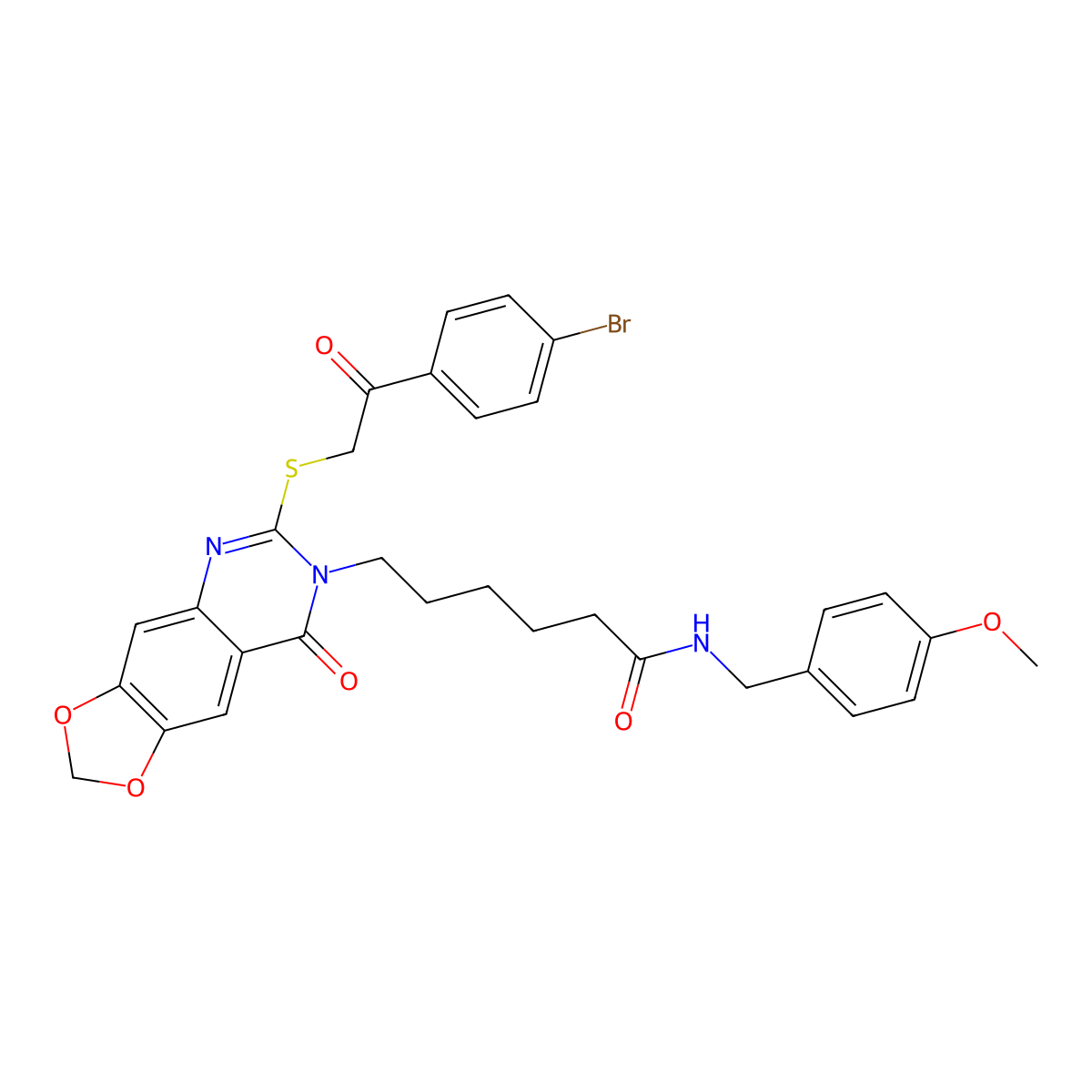6-(6-((2-(4-bromophenyl)-2-oxoethyl)thio)-8-oxo-[1,3]dioxolo[4,5-g]quinazolin-7(8H)-yl)-N-(4-methoxybenzyl)hexanamide molecular structure, CAS 688060-86-8