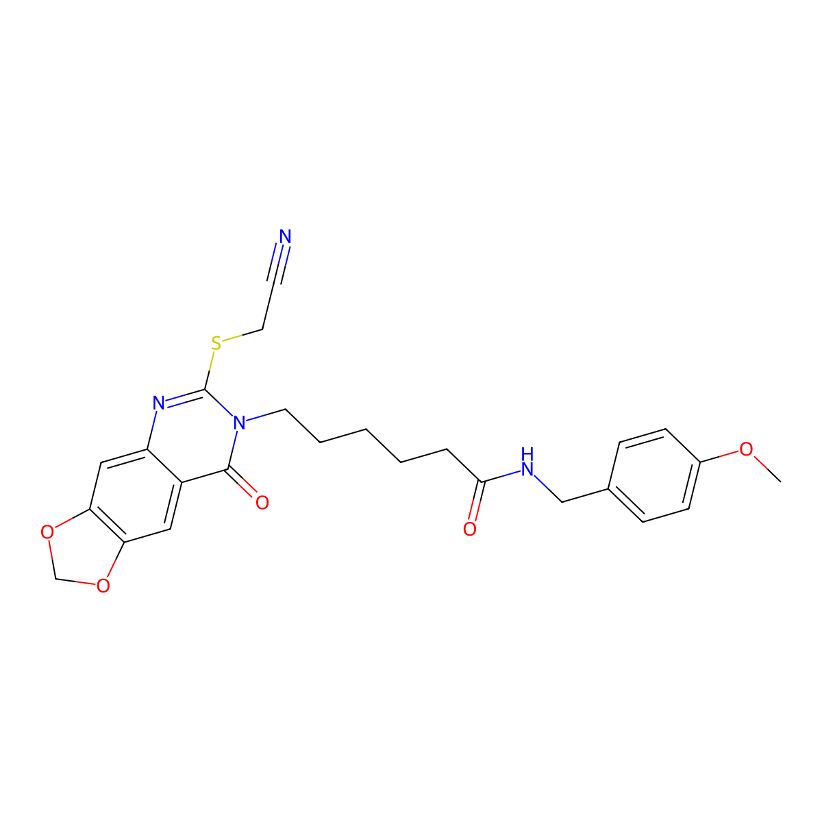 6-[6-[(cyanomethyl)thio]-8-oxo[1,3]dioxolo[4,5-g]quinazolin-7(8H)-yl]-N-(4-methoxybenzyl)hexanamide molecular structure, CAS 688060-87-9