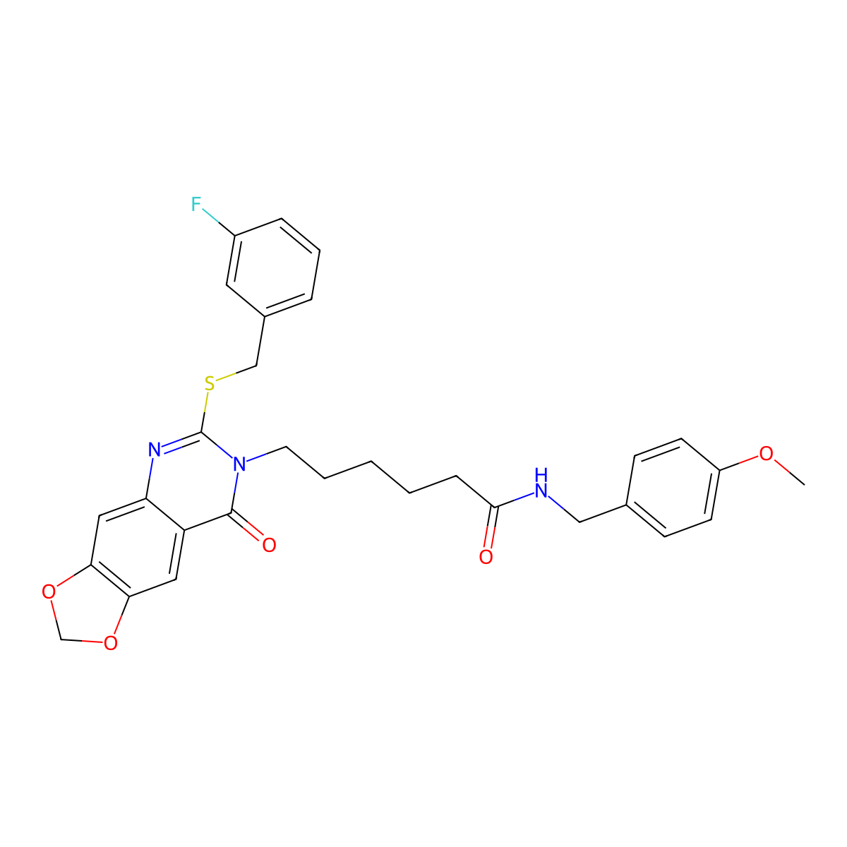 6-(6-{[(3-fluorophenyl)methyl]sulfanyl}-8-oxo-2H,7H,8H-[1,3]dioxolo[4,5-g]quinazolin-7-yl)-N-[(4-methoxyphenyl)methyl]hexanamide molecular structure, CAS 688060-88-0