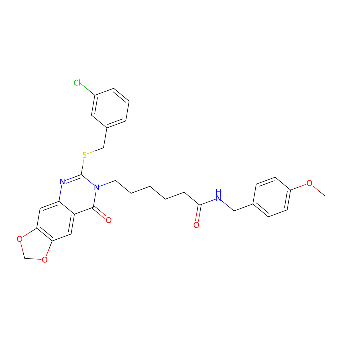 6-(6-{[(3-chlorophenyl)methyl]sulfanyl}-8-oxo-2H,7H,8H-[1,3]dioxolo[4,5-g]quinazolin-7-yl)-N-[(4-methoxyphenyl)methyl]hexanamide molecular structure, CAS 688060-91-5