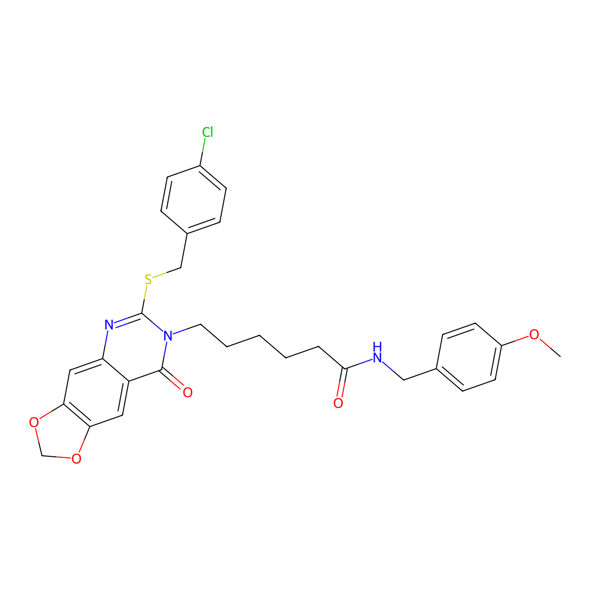 6-(6-{[(4-chlorophenyl)methyl]sulfanyl}-8-oxo-2H,7H,8H-[1,3]dioxolo[4,5-g]quinazolin-7-yl)-N-[(4-methoxyphenyl)methyl]hexanamide molecular structure, CAS 688060-92-6