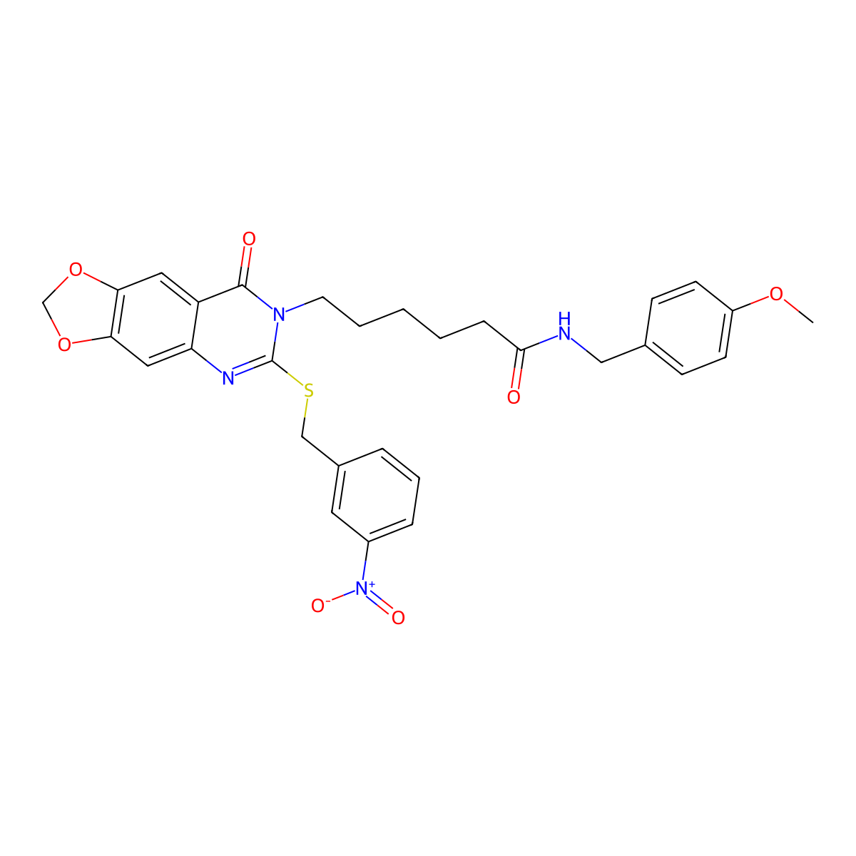 N-(4-methoxybenzyl)-6-[6-[(3-nitrobenzyl)thio]-8-oxo[1,3]dioxolo[4,5-g]quinazolin-7(8H)-yl]hexanamide molecular structure, CAS 688060-93-7