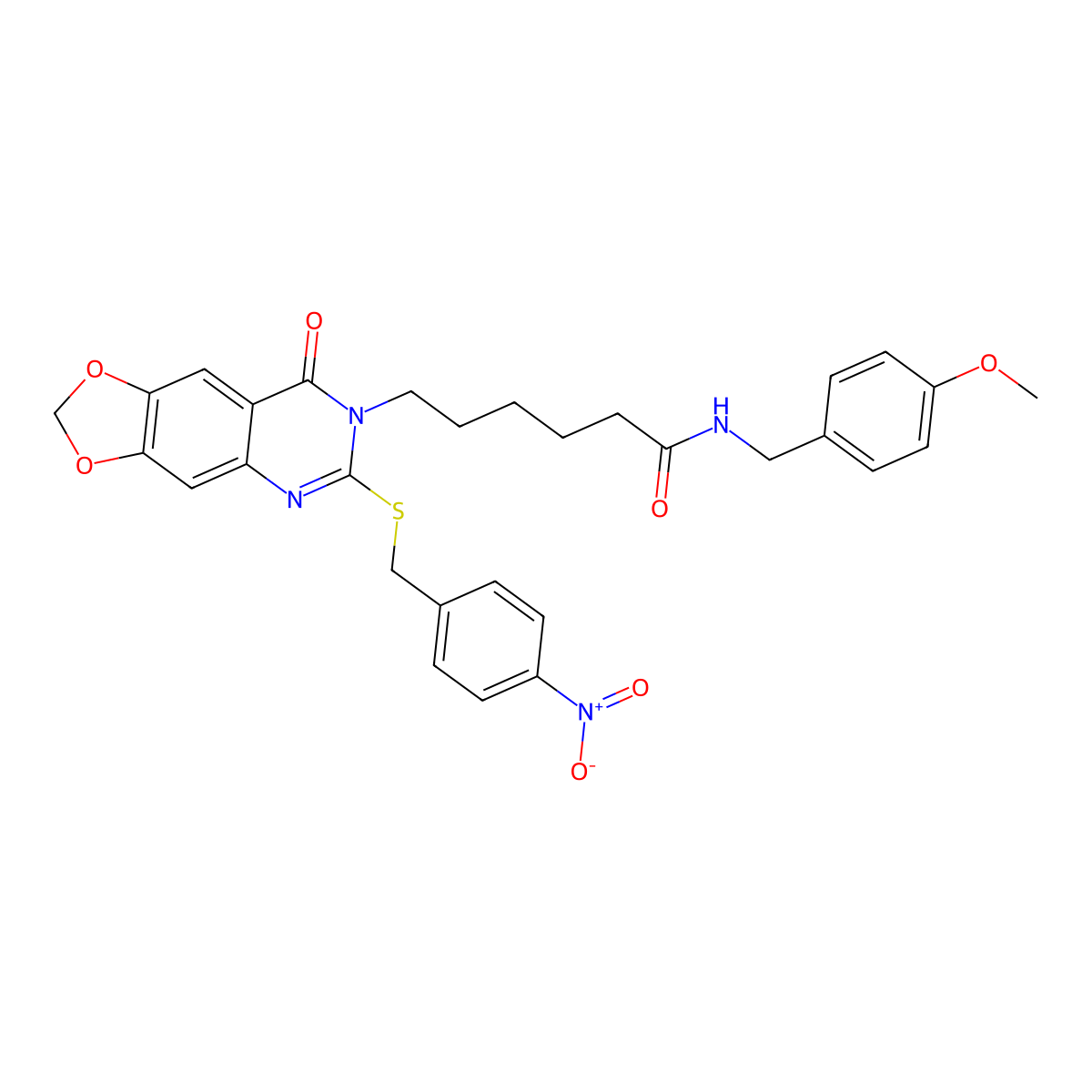 N-[(4-methoxyphenyl)methyl]-6-(6-{[(4-nitrophenyl)methyl]sulfanyl}-8-oxo-2H,7H,8H-[1,3]dioxolo[4,5-g]quinazolin-7-yl)hexanamide molecular structure, CAS 688060-94-8
