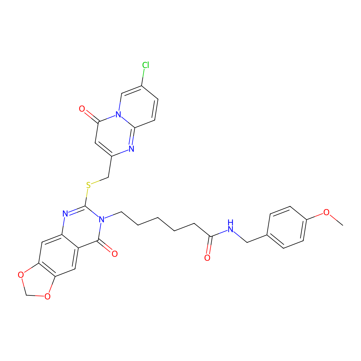 6-(6-(((7-chloro-4-oxo-4H-pyrido[1,2-a]pyrimidin-2-yl)methyl)thio)-8-oxo-[1,3]dioxolo[4,5-g]quinazolin-7(8H)-yl)-N-(4-methoxybenzyl)hexanamide molecular structure, CAS 688060-95-9