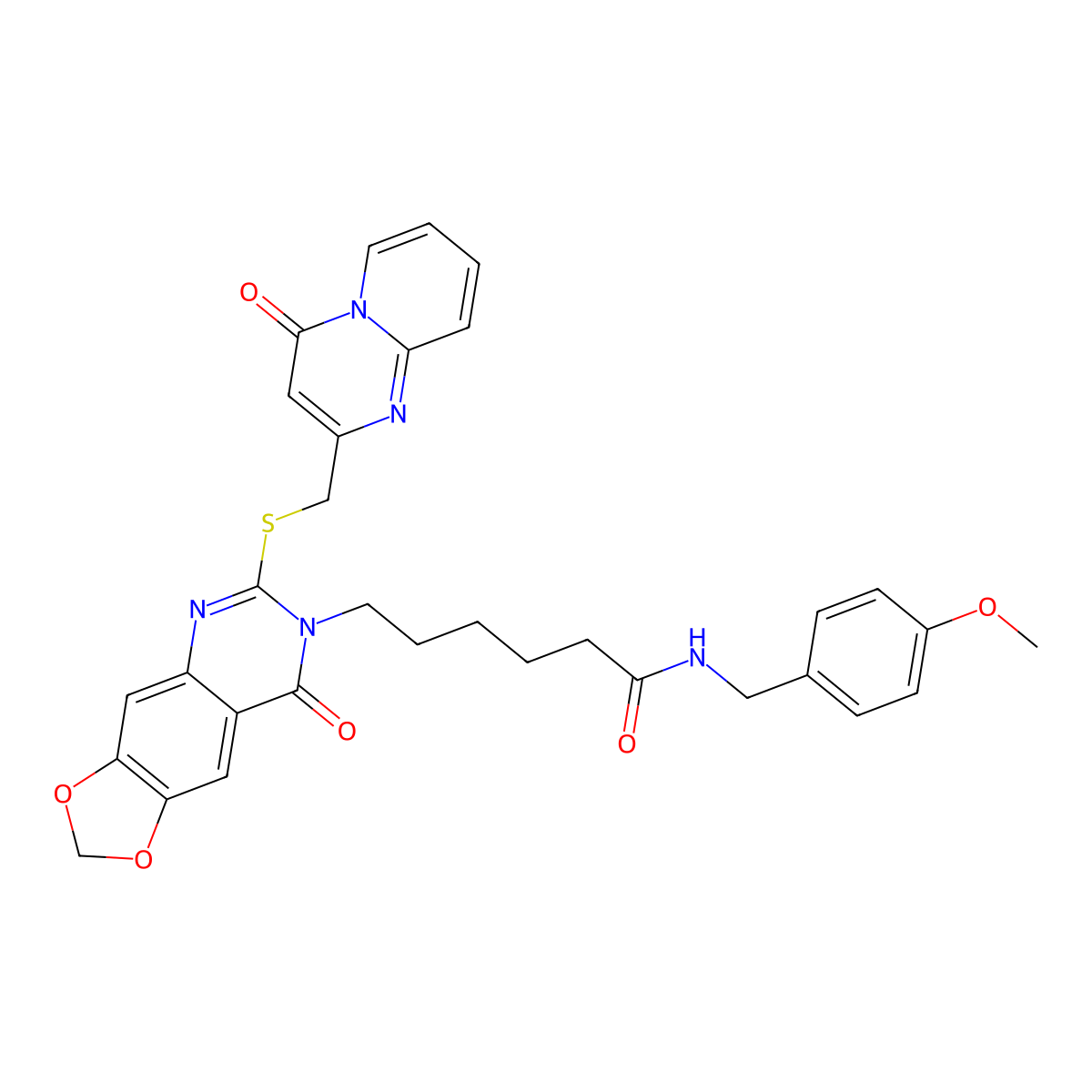 N-[(4-methoxyphenyl)methyl]-6-{8-oxo-6-[({4-oxo-4H-pyrido[1,2-a]pyrimidin-2-yl}methyl)sulfanyl]-2H,7H,8H-[1,3]dioxolo[4,5-g]quinazolin-7-yl}hexanamide molecular structure, CAS 688060-96-0