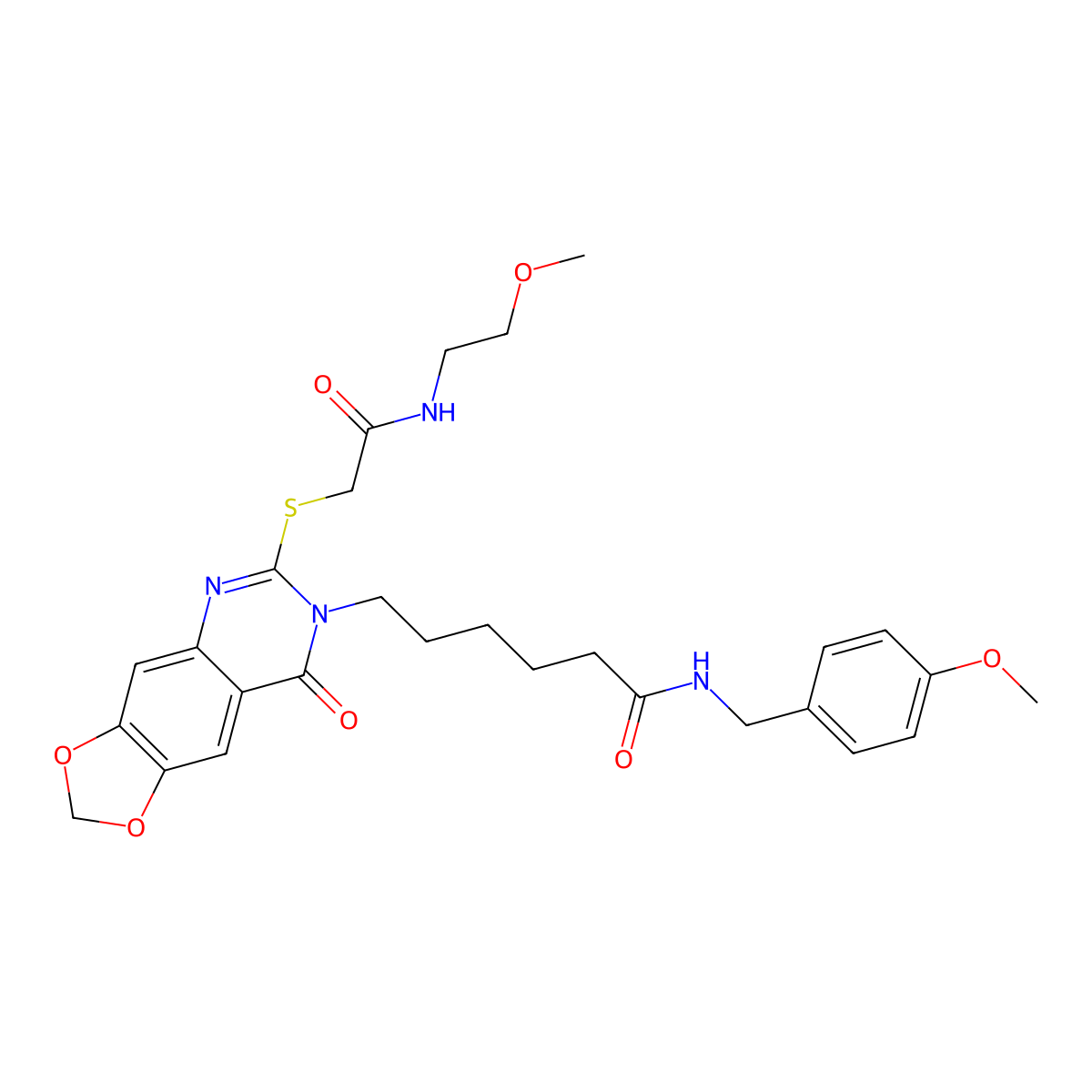 6-[6-({[(2-methoxyethyl)carbamoyl]methyl}sulfanyl)-8-oxo-2H,7H,8H-[1,3]dioxolo[4,5-g]quinazolin-7-yl]-N-[(4-methoxyphenyl)methyl]hexanamide molecular structure, CAS 688061-02-1