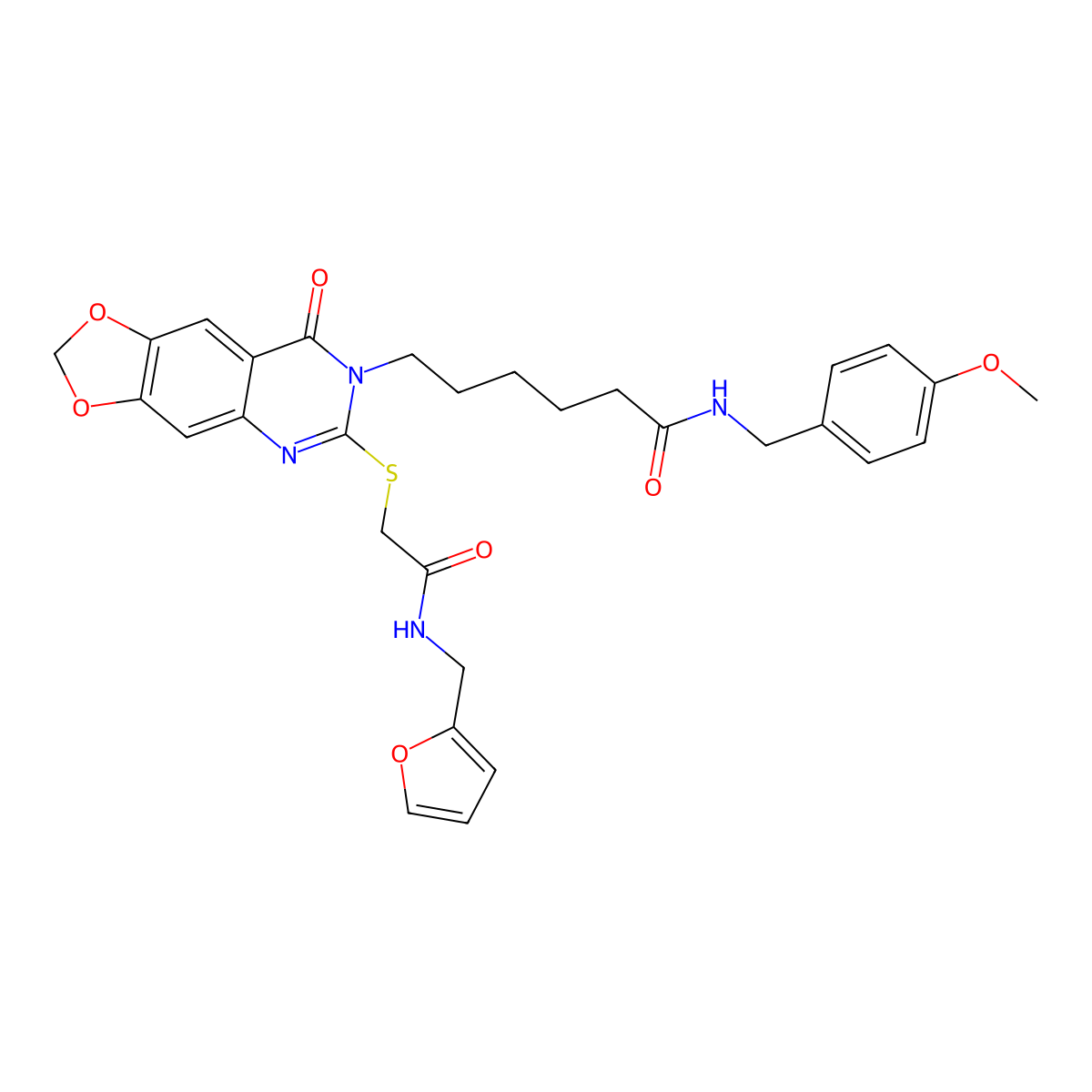 6-[6-[2-(furan-2-ylmethylamino)-2-oxoethyl]sulfanyl-8-oxo-[1,3]dioxolo[4,5-g]quinazolin-7-yl]-N-[(4-methoxyphenyl)methyl]hexanamide molecular structure, CAS 688061-07-6