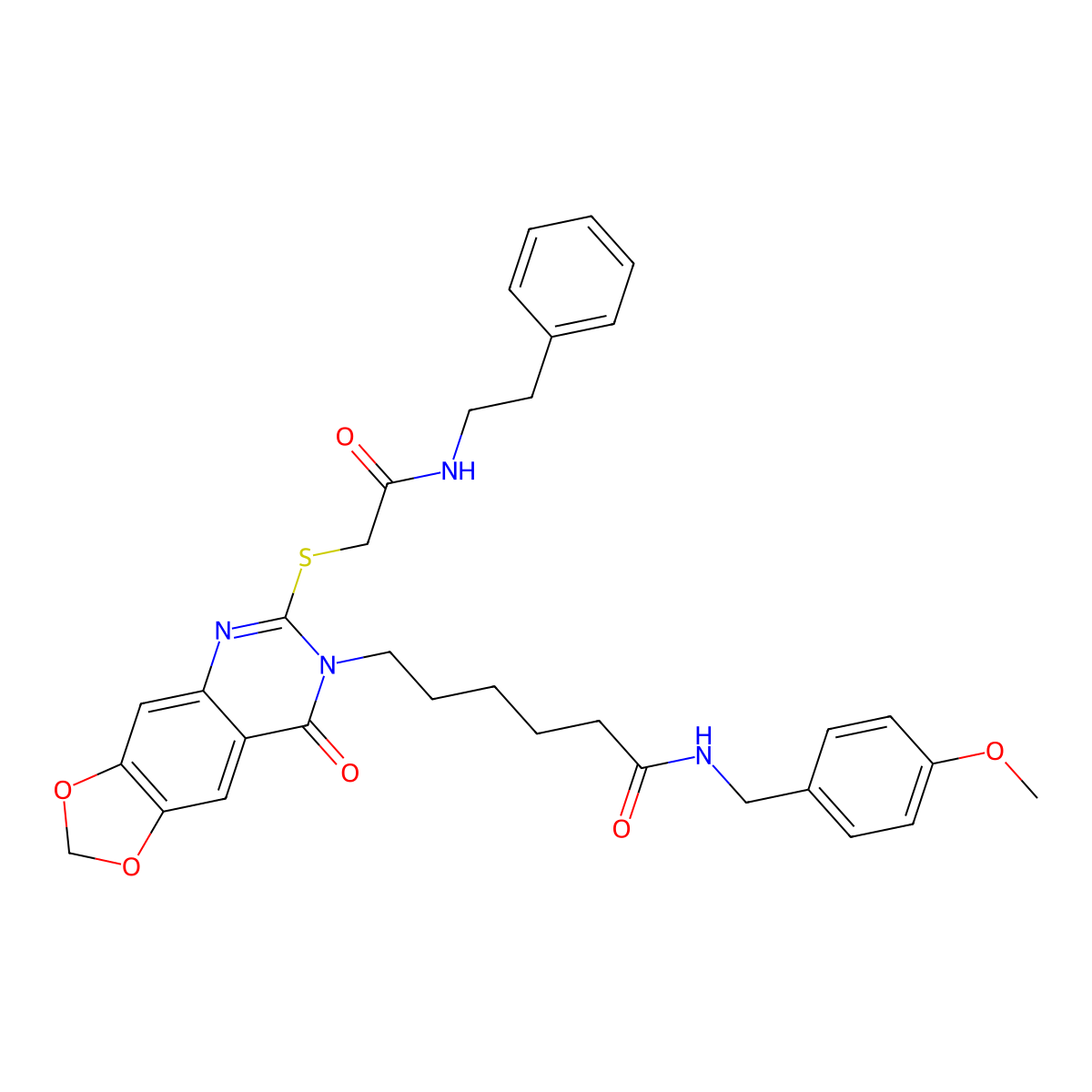 N-(4-methoxybenzyl)-6-(8-oxo-6-((2-oxo-2-(phenethylamino)ethyl)thio)-[1,3]dioxolo[4,5-g]quinazolin-7(8H)-yl)hexanamide molecular structure, CAS 688061-10-1