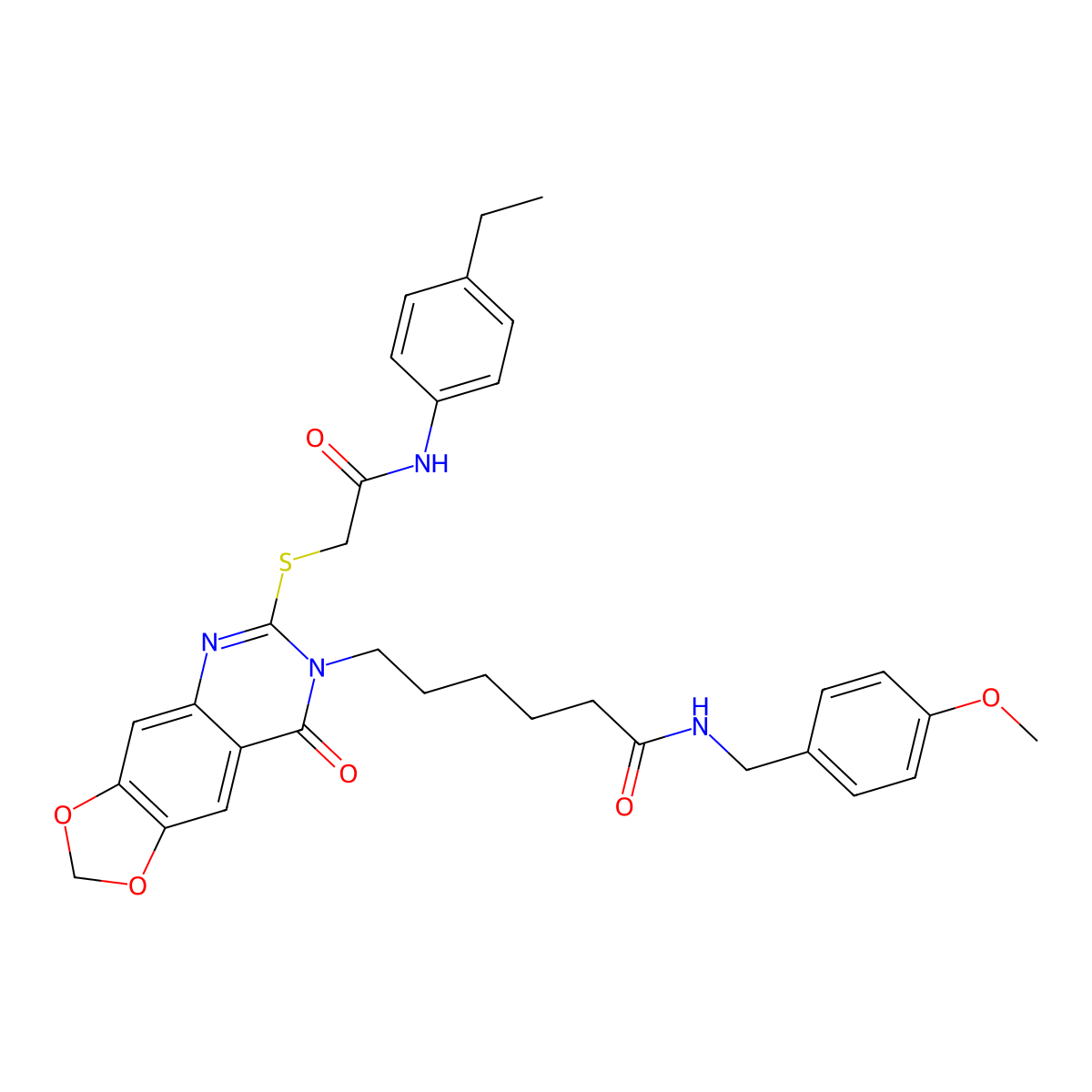 6-[6-({[(4-ethylphenyl)carbamoyl]methyl}sulfanyl)-8-oxo-2H,7H,8H-[1,3]dioxolo[4,5-g]quinazolin-7-yl]-N-[(4-methoxyphenyl)methyl]hexanamide molecular structure, CAS 688061-12-3