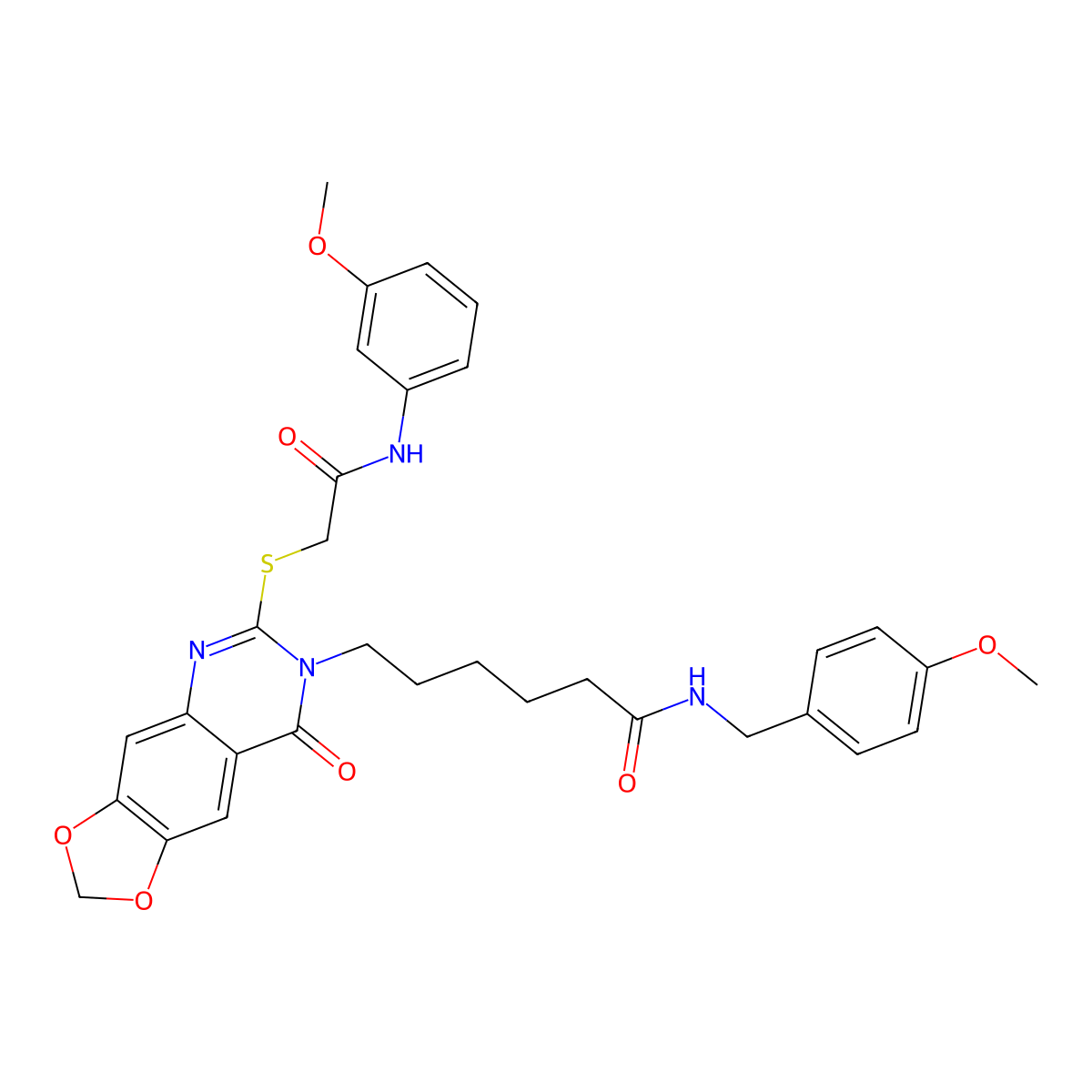 6-[6-({[(3-methoxyphenyl)carbamoyl]methyl}sulfanyl)-8-oxo-2H,7H,8H-[1,3]dioxolo[4,5-g]quinazolin-7-yl]-N-[(4-methoxyphenyl)methyl]hexanamide molecular structure, CAS 688061-14-5
