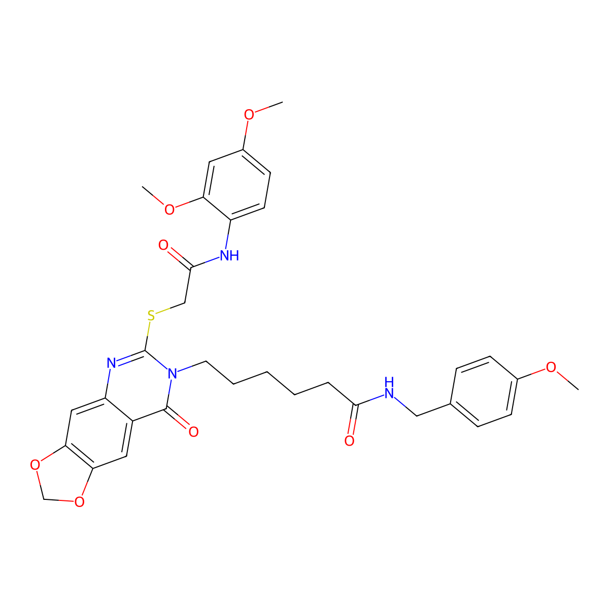 6-[6-({[(2,4-dimethoxyphenyl)carbamoyl]methyl}sulfanyl)-8-oxo-2H,7H,8H-[1,3]dioxolo[4,5-g]quinazolin-7-yl]-N-[(4-methoxyphenyl)methyl]hexanamide molecular structure, CAS 688061-16-7